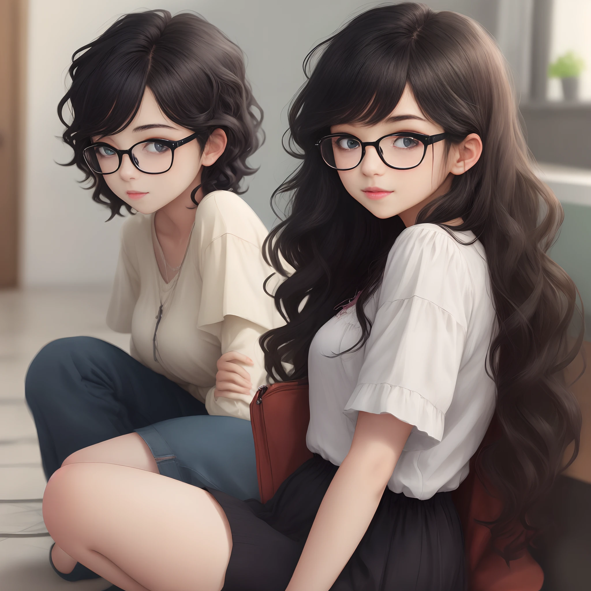 A girl with black glasses with black wavy hair