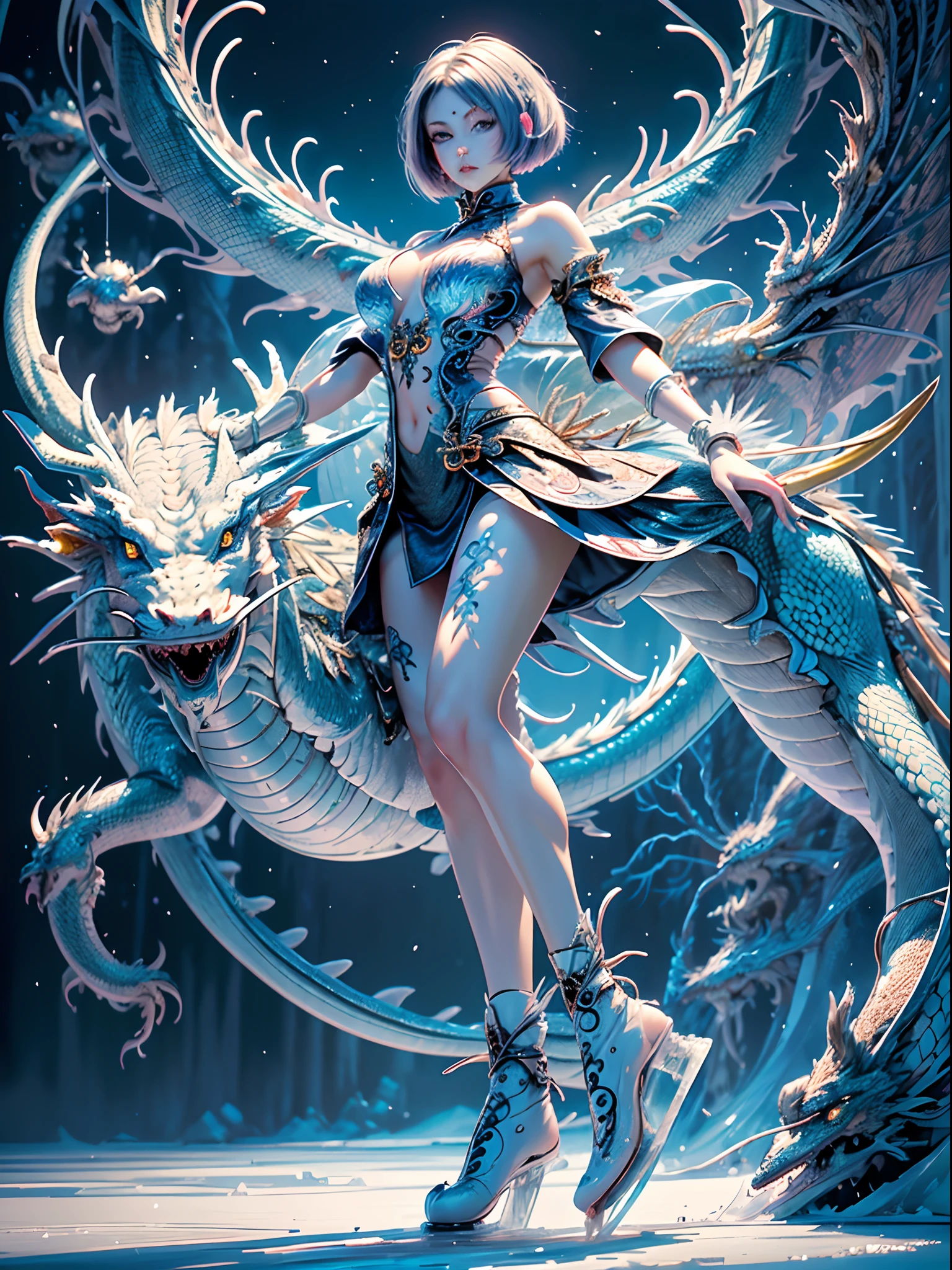 Official art, 统一 8k 壁纸, ultra-detailliert, Beautifully Aesthetic, masterpiece, top-quality, (Zentangle, a Mandala, Tangles, Entanglement), (Fractal Art: 1.3), 真实感, (masterpiece, top-quality, top-quality, Official art, beauty and aesthetic: 1.2), ighly detailed, Fractal Art, colourfull, best detailed, Zentangle, (Abstract background: 1.5)(1womanl: 1.3), Deities々, (light blue eyes), Mystical, (Ice Magic:1.2)、Yellow Spring Hell, (Ice Dragon:1.2), (a short bob:1.5), (Colossal tits)