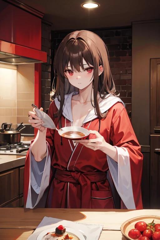 A brown haired muscular man with red eyes  in a robe  is drinking tea in a kitchen