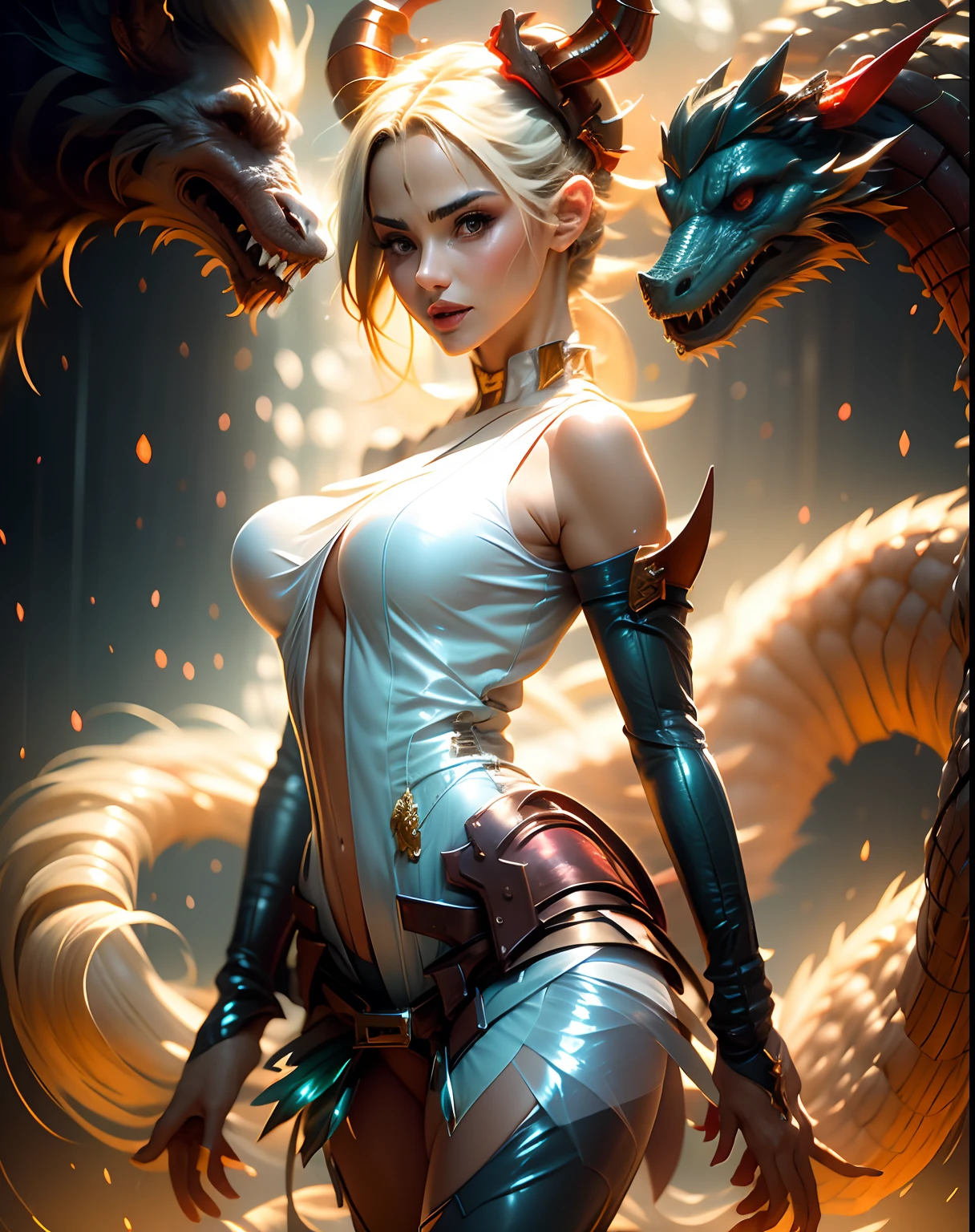 Chica maga oscura domadora de dragones legendario , en el reino de los cielos, ardiente entre nubes y rayos de sol a su alrededor. Pose sejustiva sexy y inocente seductora.