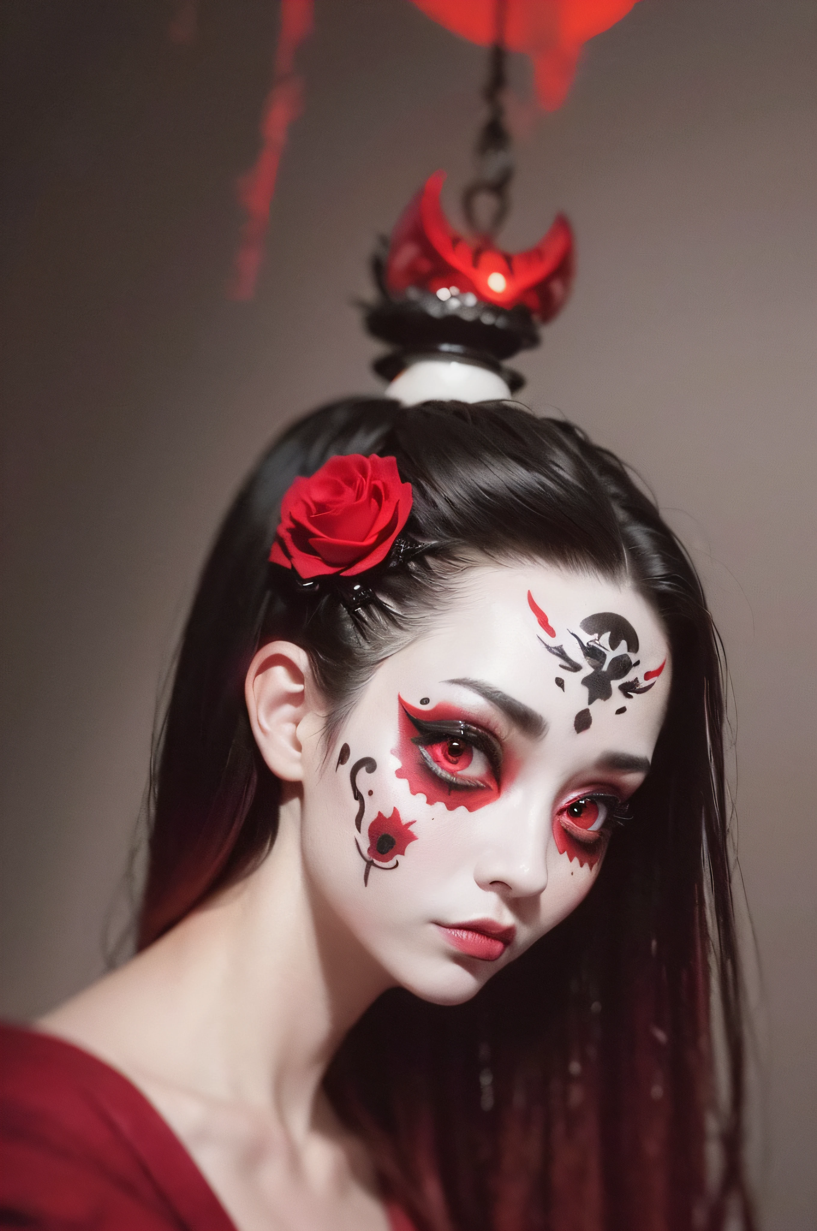"(The best lighting, oscuro, dramatic),(feto calavera geisha escupiendo tinta roja, Cicatrices, sexy, cerebro, sangre, una rata dentro de la cabeza, terror.),(ojos rojos, calaveras). volumetric light.