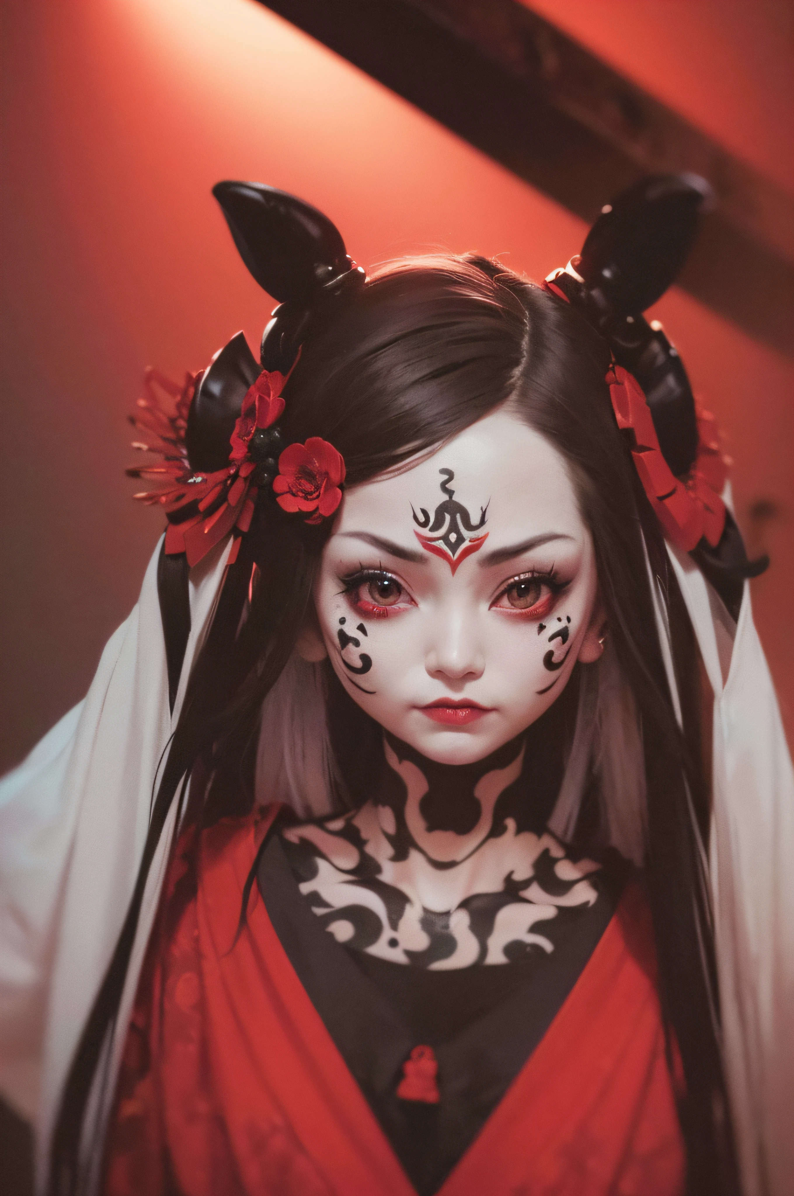 "(The best lighting, oscuro, dramatic),(feto calavera geisha escupiendo tinta roja, Cicatrices, sexy, cerebro, sangre, una rata dentro de la cabeza, terror.),(ojos rojos, calaveras). volumetric light.