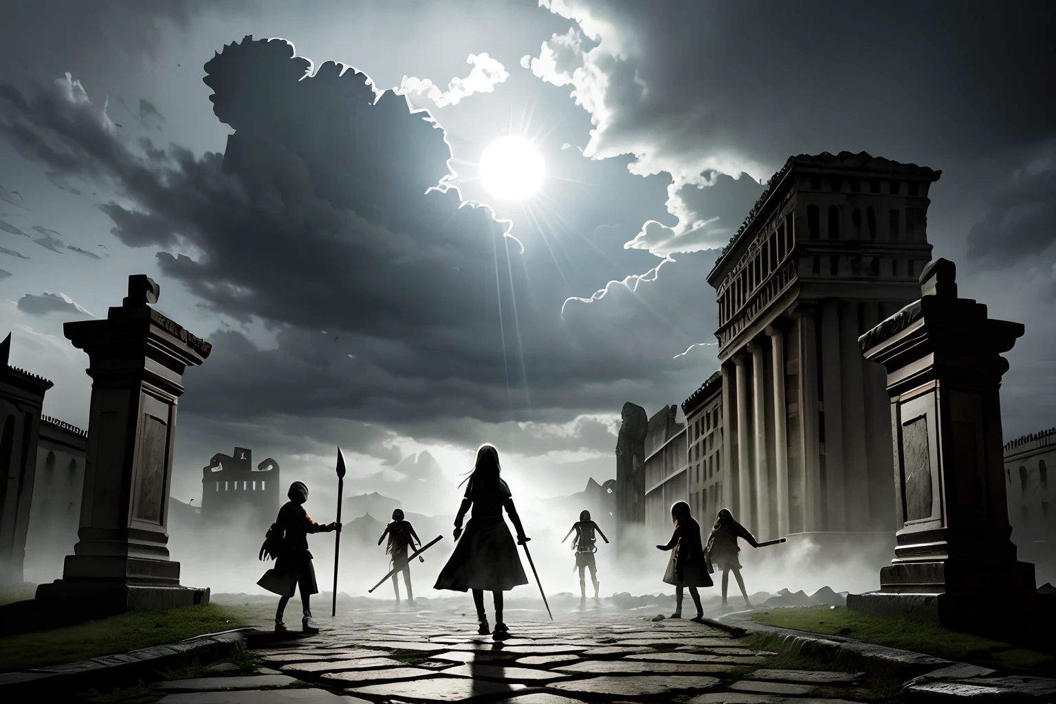best quality,ultra-detailed,photorealistic:1.37,2children in the middle of a round square fighting against a horde of zombies,boy with a dagger and a shield,girl with a staff and a dagger,Zombies attacking wildly,shattered fountain in the center,moss-covered stone statues,menacing dark clouds,cracked pavement,deserted buildings,ancient ruins,misty atmosphere,sun rays breaking through the clouds,ominous moon in the sky,spooky shadows,details of torn clothes,fear and determination in children's eyes,slow motion capturing intense battle,grim expressions on zombies' faces,dramatic lighting enhancing the suspense,inspiring fantasy adventure theme