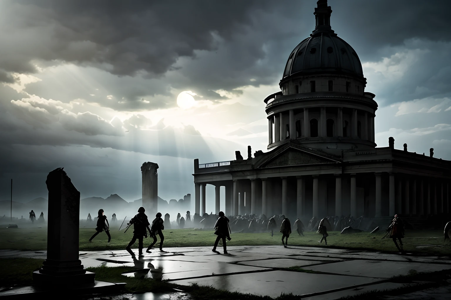 best quality,ultra-detailed,photorealistic:1.37,2children in the middle of a round square fighting against a horde of zombies,boy with a dagger and a shield,girl with a staff and a dagger,Zombies attacking wildly,shattered fountain in the center,moss-covered stone statues,menacing dark clouds,cracked pavement,deserted buildings,ancient ruins,misty atmosphere,sun rays breaking through the clouds,ominous moon in the sky,spooky shadows,details of torn clothes,fear and determination in children's eyes,slow motion capturing intense battle,grim expressions on zombies' faces,dramatic lighting enhancing the suspense,inspiring fantasy adventure theme