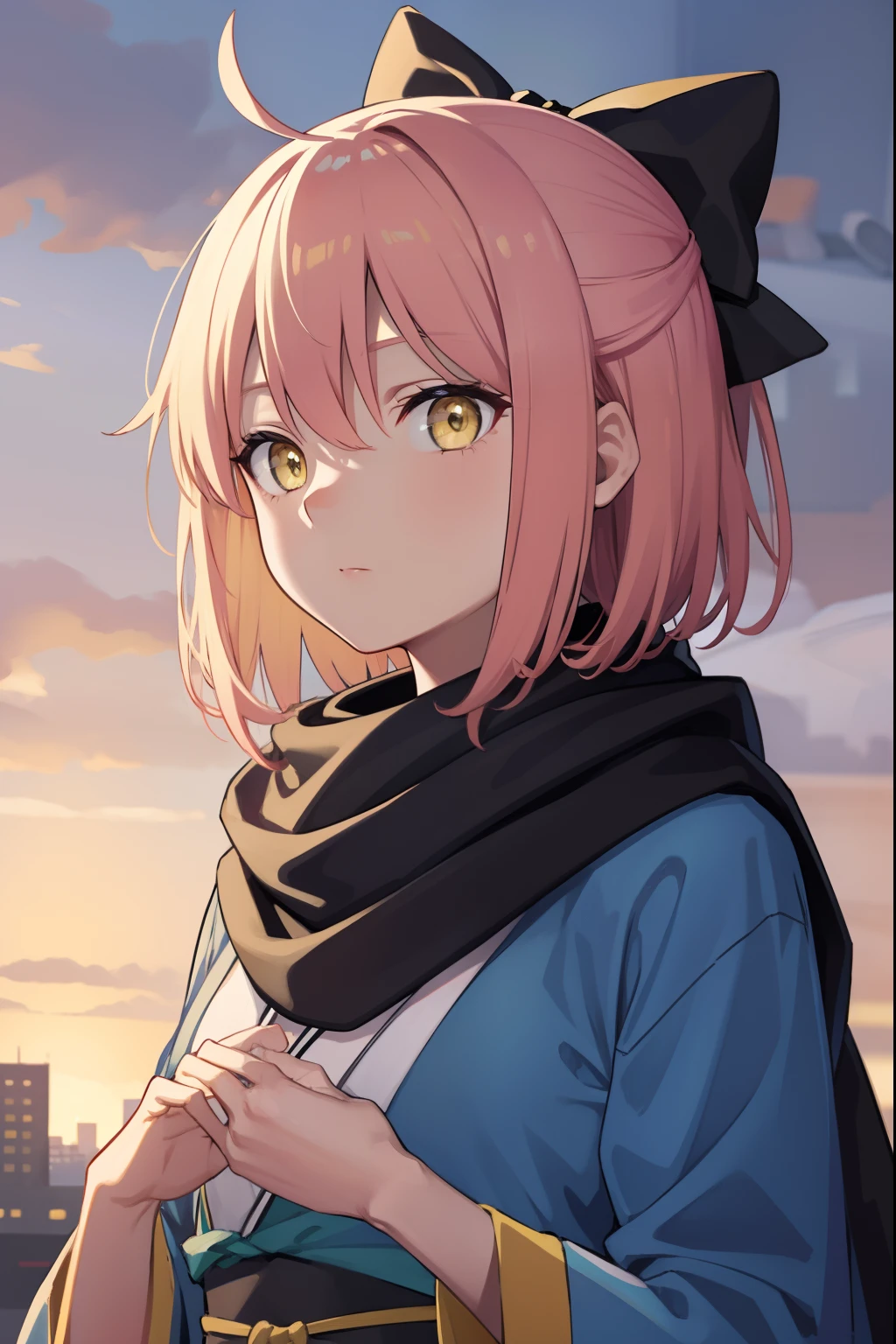 okitasouji, okita souji, ahoge, black bow, pink hair, hair between eyes, hair bow, short hair, (yellow eyes:1.5),
BREAK black scarf, japanese clothes, kimono, sash, scarf,,
BREAK outdoors, city,
BREAK looking at viewer,
BREAK (masterpiece:1.2), best quality, high resolution, unity 8k wallpaper, (illustration:0.8), (beautiful detailed eyes:1.6), extremely detailed face, perfect lighting, extremely detailed CG, (perfect hands, perfect anatomy),