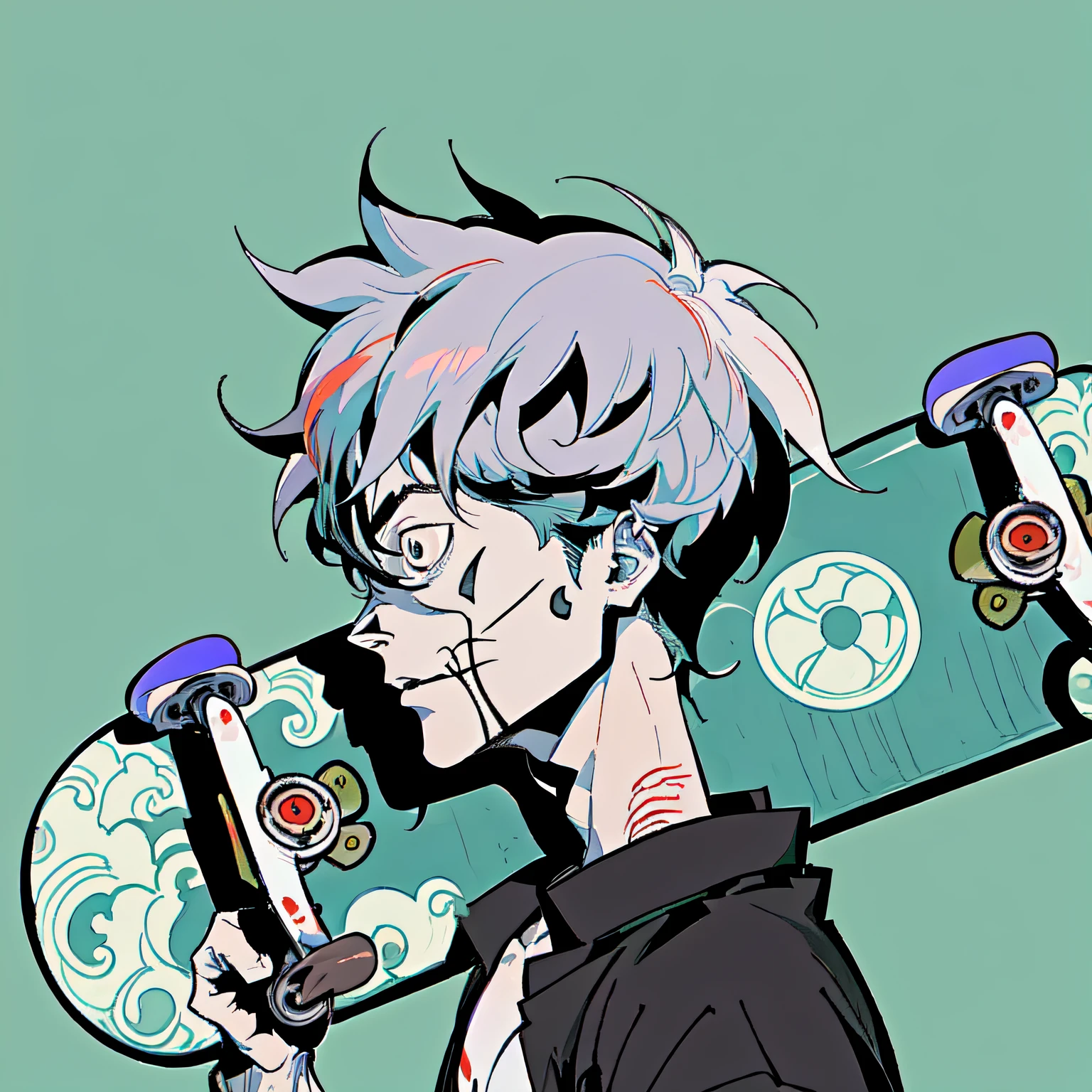 anime boy, holding a skateboard in his hand, ((2d anime style)), inspired by Okumura Togyu, inspired by Akihiko Yoshida, inspired by Kamisaka Sekka, danny phantom, kentaro miura manga art style, in the style of sachin teng, trigger anime artstyle, kentaro miura art style