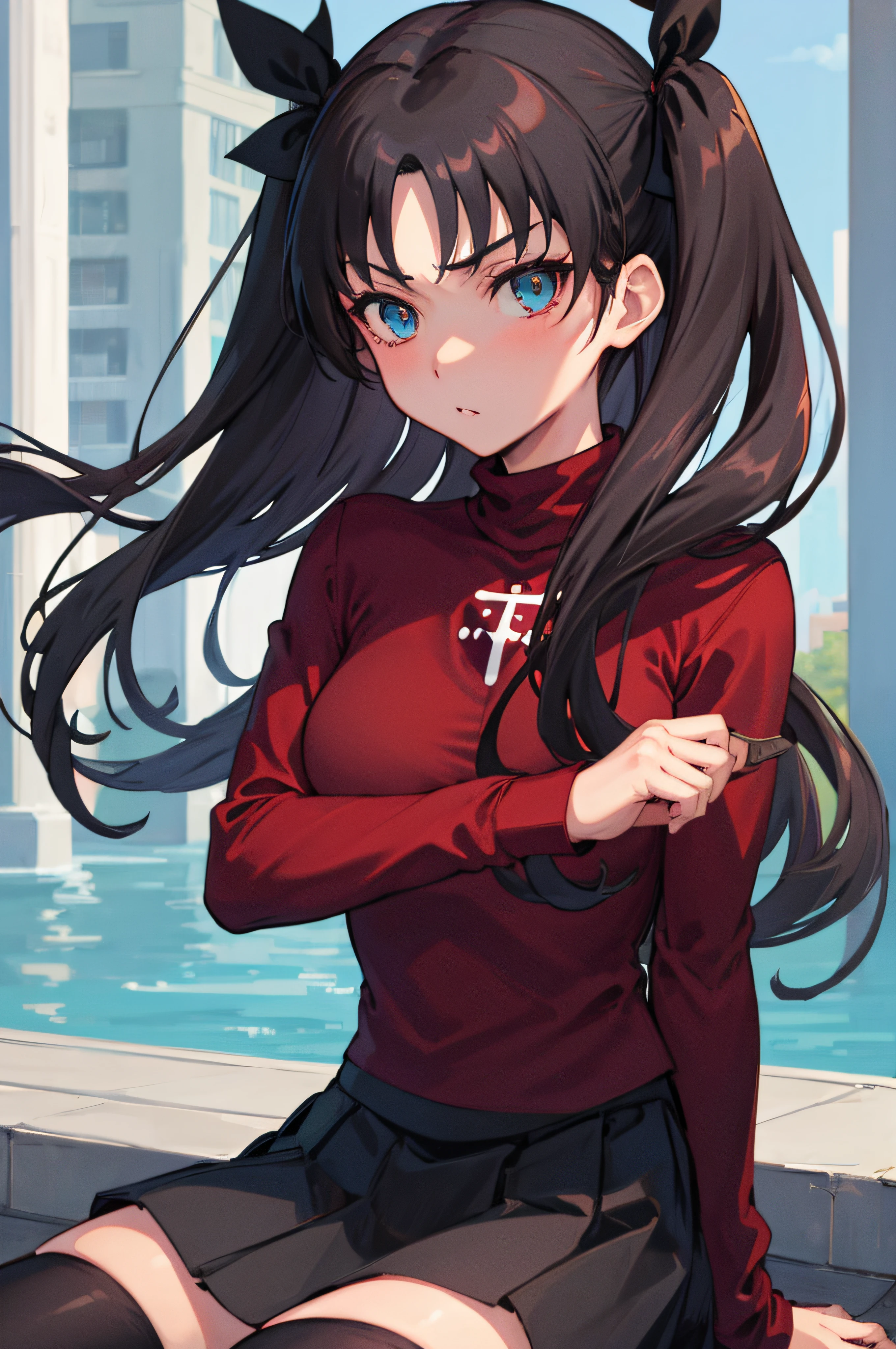 (masterpiece), best quality, expressive eyes, perfect face, 1girl, solo, rintohsaka, rin tohsaka, aqua eyes, black hair, hair ribbon, long hair, ribbon, sidelocks, two side up, black skirt, black thighhighs, long sleeves, miniskirt, pleated skirt, ((red sweater)), skirt, sweater, thighhighs, turtleneck, city background, sitting, character sheet, upper body, portrait, looking at viewer