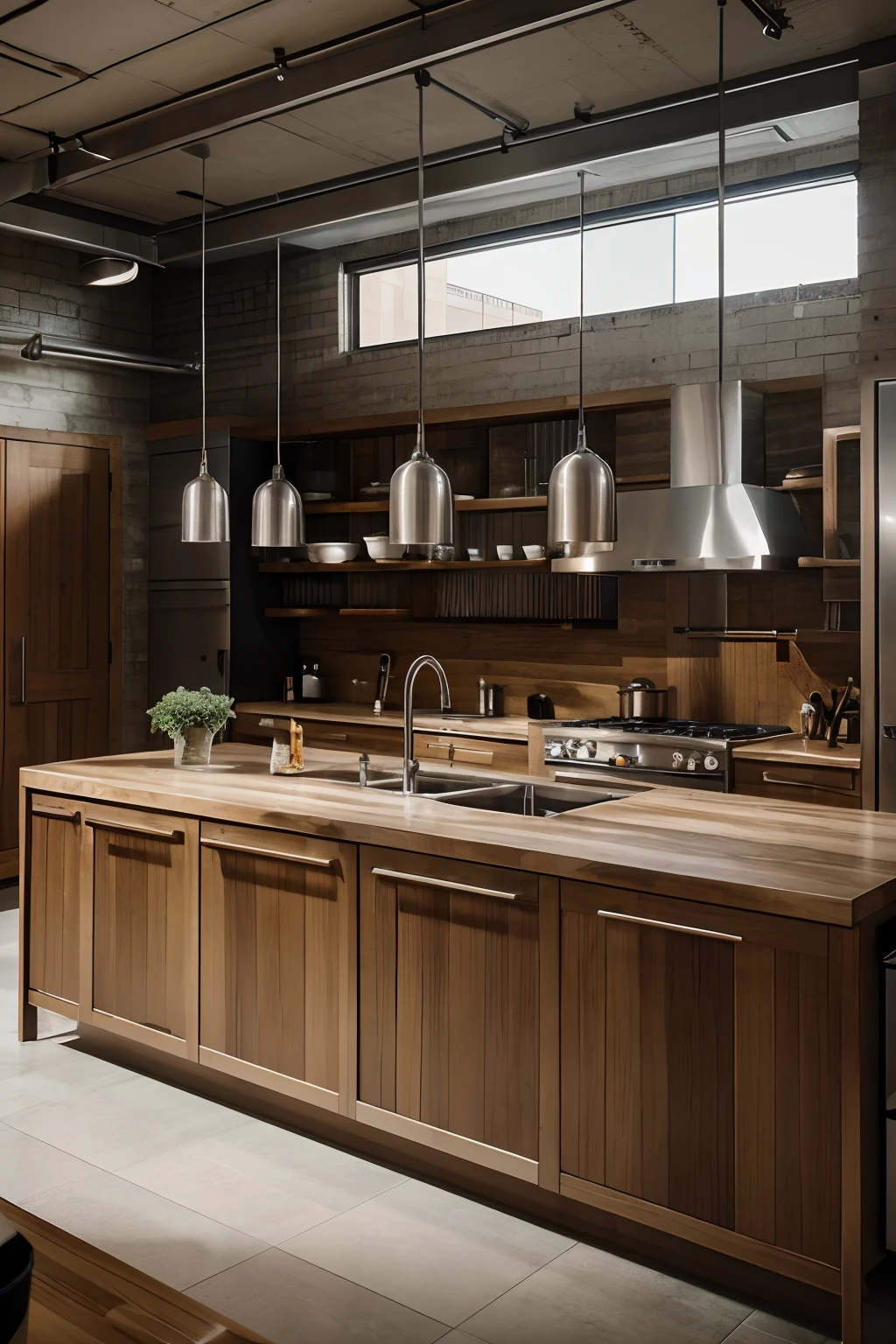 architecture and design, a large, modern kitchen in an industrial-style apartment with a tiled counter, stainless steel and wood cabinet doors. insanely detailed, beautiful kitchen, photography to a design magazine