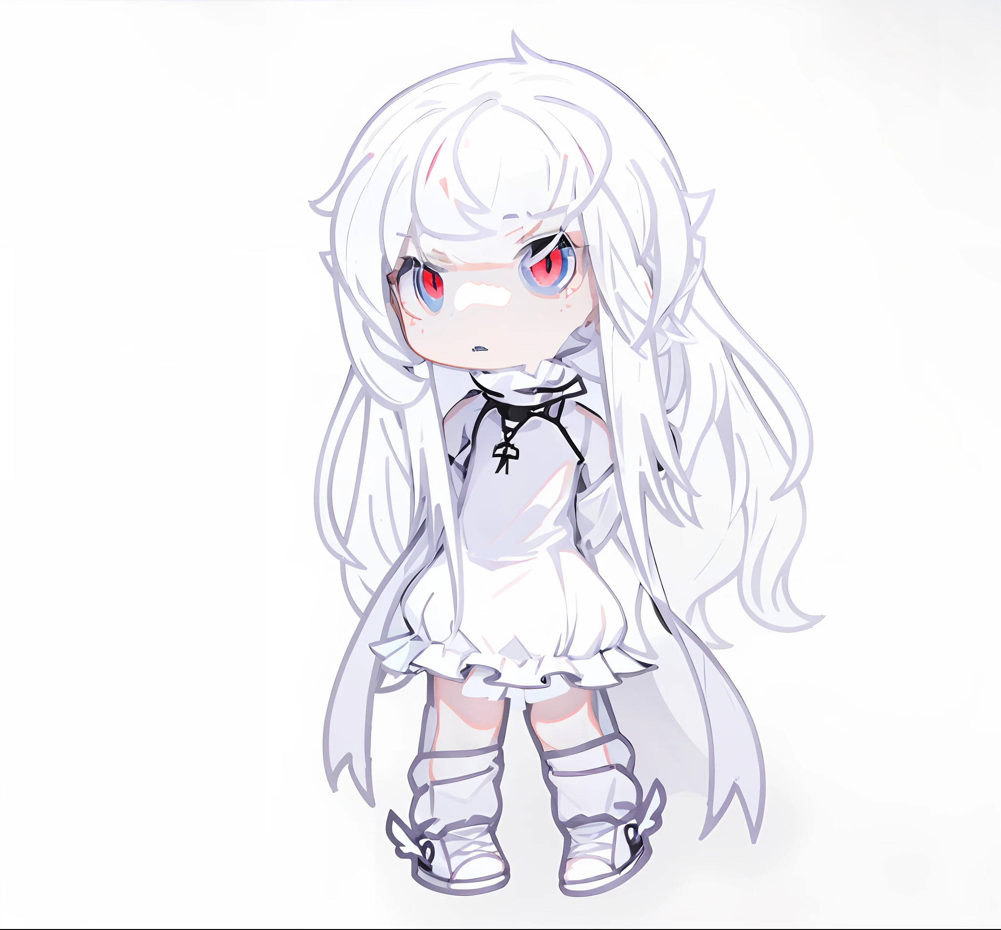 Anime girl with white hair and blue eyes in white dress, pale young ghost girl, Chibi Monster Girl, chibi, Advanced Digital Chibi Art, white cat girl, Visual Novel Sprite, neferpitou, white haired deity, small curvy , anime stylized, Chibi Art, Full body to take, white haired, White glowing eyes, nico wearing a white dress