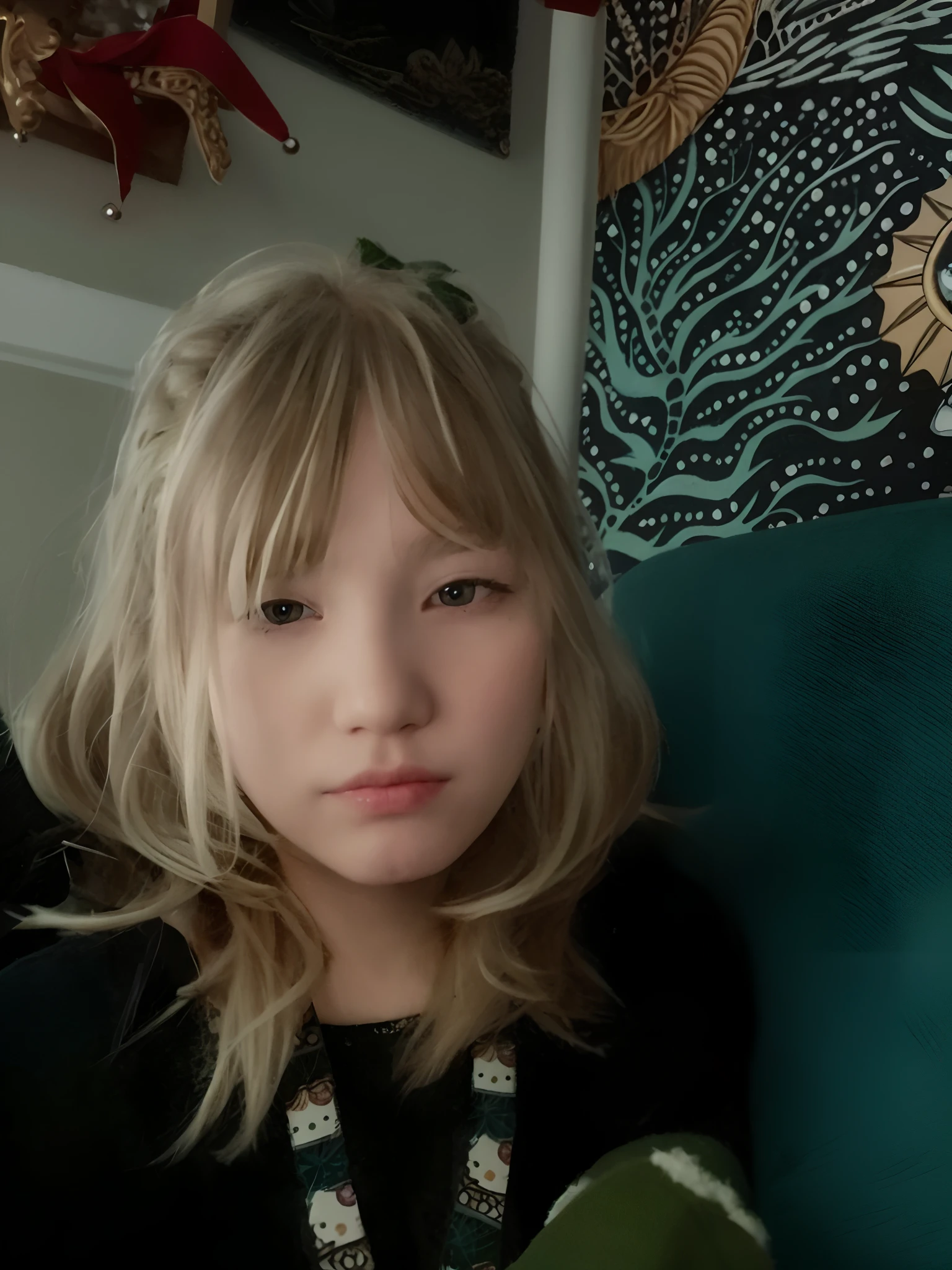 blond girl sitting on a green couch with a butterfly on the wall, very very low quality picture, fluffy bangs, aurora aksnes, very silly looking, profile image, only a few bangs of hair, pouty face, taken in the early 2020s, blonde hair and large eyes, with bangs, headshot profile picture, cynthwave, very accurate photo