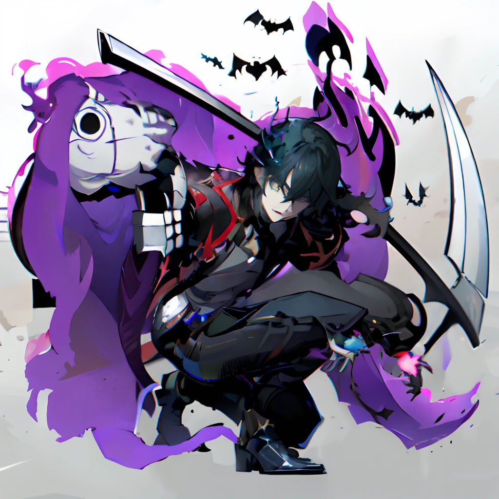 anime boy l with a large scyther in a dark forest, detailed key anime art, handsome guy in demon slayer art, Black long hair, metalhead boy, inspired by Okumura Masanobu, light novel cover art, key anime art, zhongli from genshin impact, detailed anime character art, shigenori soejima illustration, vampire boy, scythe in hand, pale skin, purple shadow, bats flying