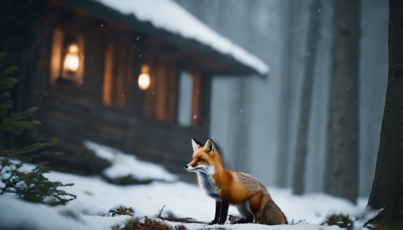 inside forest with snow,  with little fox, wood cottage, high rendering, fully realistic, photography, cinema photo, front side view, reality, official art, 16K quality, Super detail, fine detail skin, film angle, masterpiece, best image quality,
