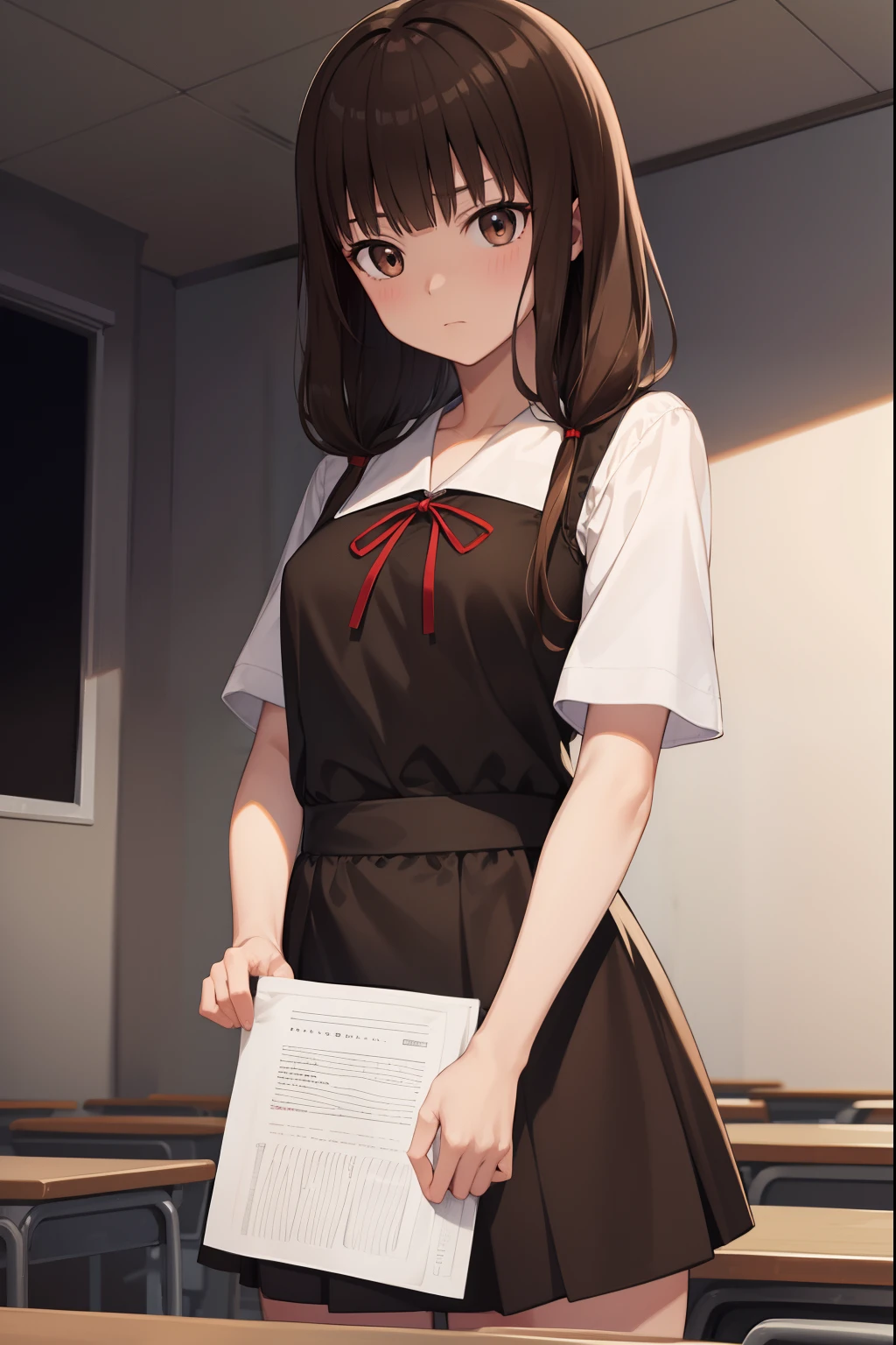 mikoiino, miko iino, blunt bangs, (brown eyes:1.5), brown hair, hair tie, long hair, low twintails, red ribbon, ribbon, twintails, (small breast:1.2),
BREAK black dress, dress, pinafore dress, school uniform, shirt, short sleeves, shuuchiin academy school uniform, white shirt, armband,
BREAK looking at viewer,
BREAK indoors, classroom,
BREAK (masterpiece:1.2), best quality, high resolution, unity 8k wallpaper, (illustration:0.8), (beautiful detailed eyes:1.6), extremely detailed face, perfect lighting, extremely detailed CG, (perfect hands, perfect anatomy),