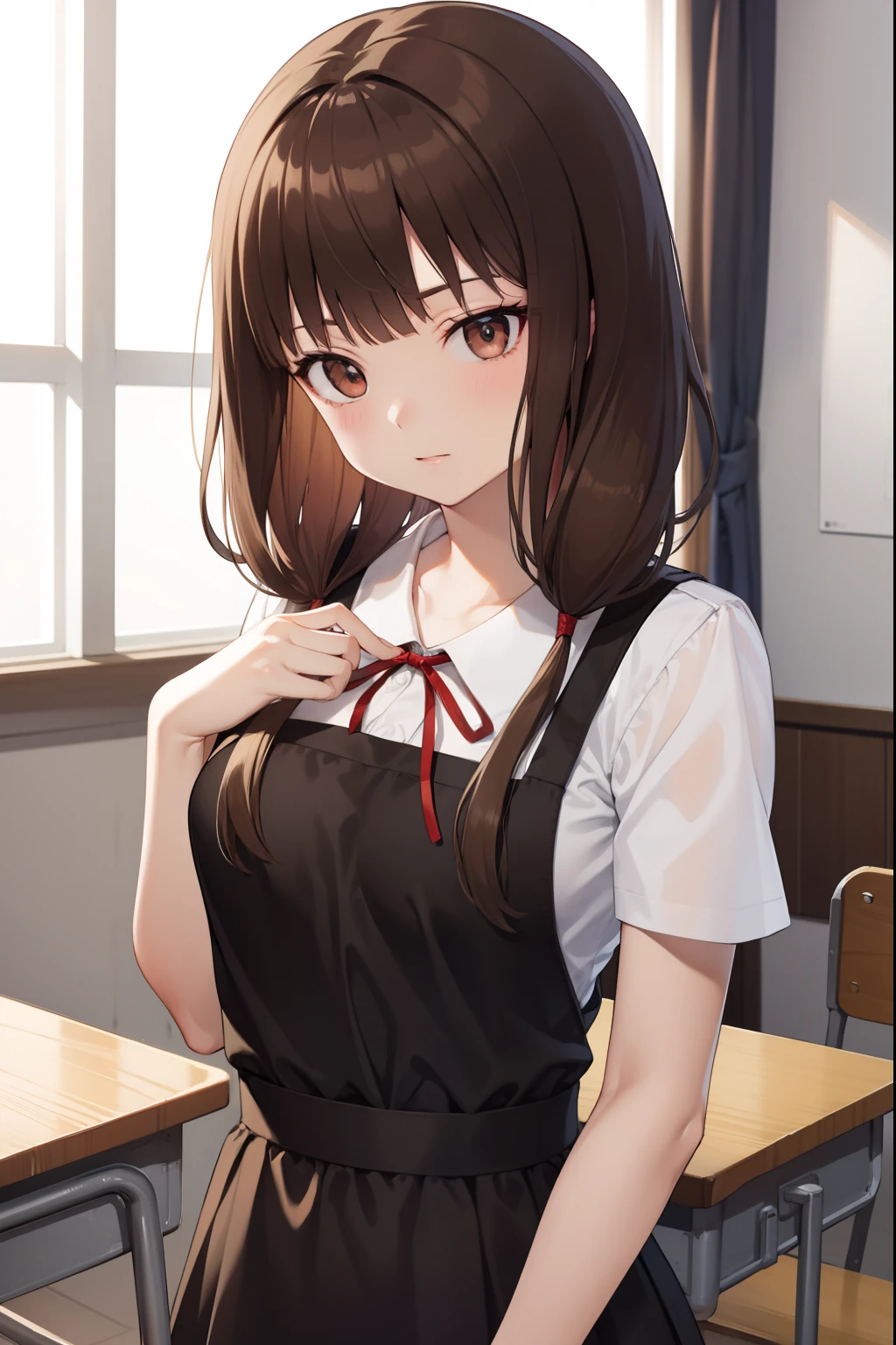 mikoiino, miko iino, blunt bangs, (brown eyes:1.5), brown hair, hair tie, long hair, low twintails, red ribbon, ribbon, twintails, (small breast:1.2),
BREAK black dress, dress, pinafore dress, school uniform, shirt, short sleeves, shuuchiin academy school uniform, white shirt, armband,
BREAK looking at viewer,
BREAK indoors, classroom,
BREAK (masterpiece:1.2), best quality, high resolution, unity 8k wallpaper, (illustration:0.8), (beautiful detailed eyes:1.6), extremely detailed face, perfect lighting, extremely detailed CG, (perfect hands, perfect anatomy),