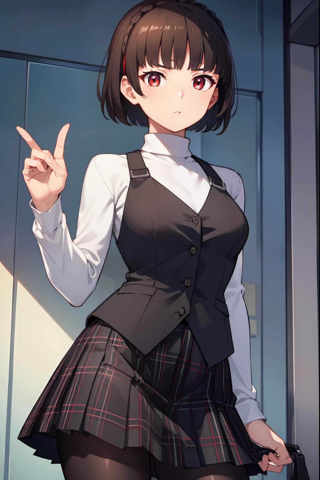 makotonijima, makoto nijima, blunt bangs, braid, brown hair, crown braid, (red eyes:1.3), short hair,
BREAK black pantyhose, black skirt, black vest, bow, checkered clothes, checkered skirt, long sleeves, miniskirt, pantyhose, plaid, plaid skirt, pleated, pleated skirt, red bow, school uniform, shirt, shuujin academy school uniform, skirt, sweater, sweater vest, turtleneck, turtleneck sweater, vest, white shirt, white sweater
BREAK looking at viewer,
BREAK indoors, classroom,
BREAK (masterpiece:1.2), best quality, high resolution, unity 8k wallpaper, (illustration:0.8), (beautiful detailed eyes:1.6), extremely detailed face, perfect lighting, extremely detailed CG, (perfect hands, perfect anatomy),