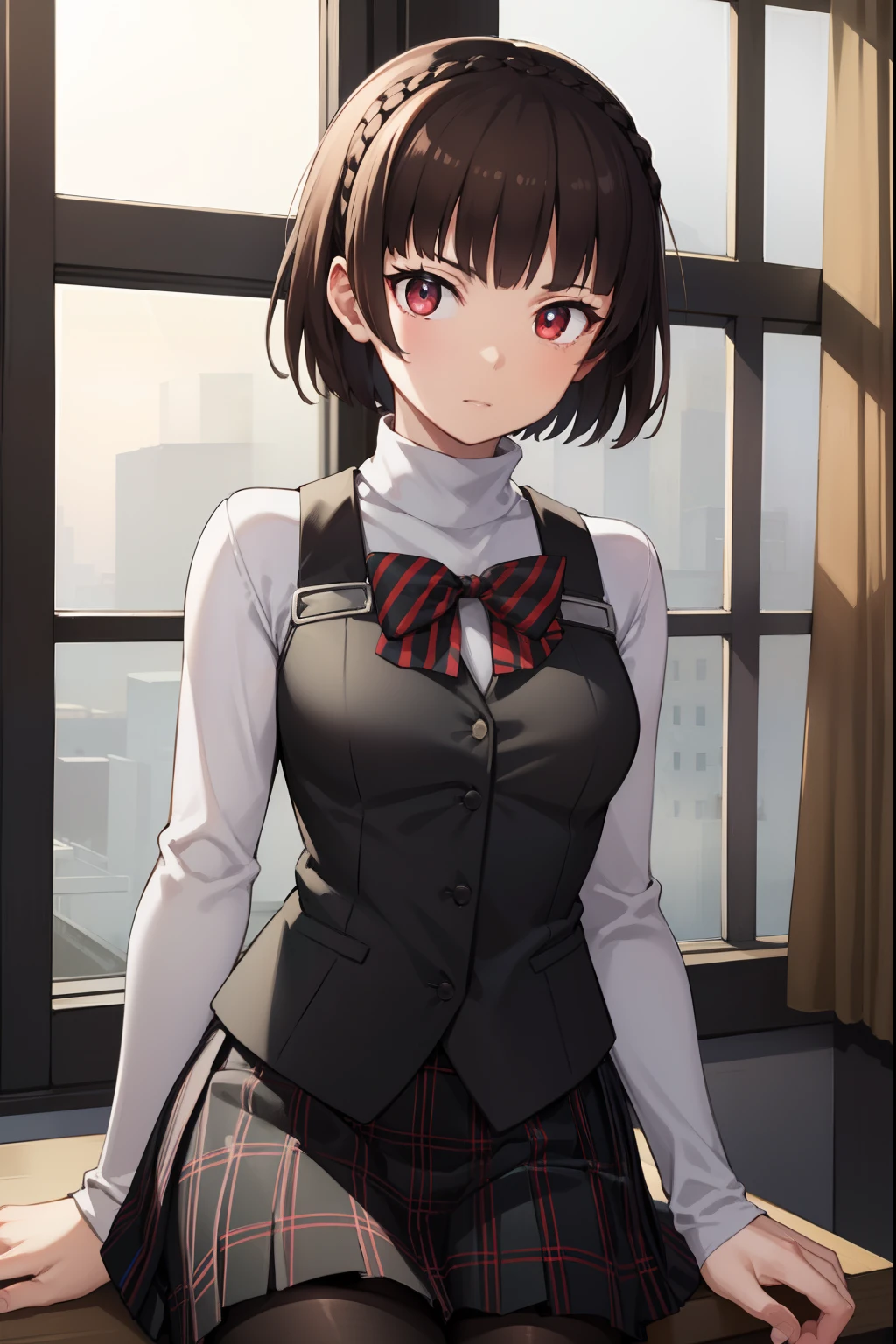 makotonijima, makoto nijima, blunt bangs, braid, brown hair, crown braid, (red eyes:1.3), short hair,
BREAK black pantyhose, black skirt, black vest, bow, checkered clothes, checkered skirt, long sleeves, miniskirt, pantyhose, plaid, plaid skirt, pleated, pleated skirt, red bow, school uniform, shirt, shuujin academy school uniform, skirt, sweater, sweater vest, turtleneck, turtleneck sweater, vest, white shirt, white sweater
BREAK looking at viewer,
BREAK indoors, classroom,
BREAK (masterpiece:1.2), best quality, high resolution, unity 8k wallpaper, (illustration:0.8), (beautiful detailed eyes:1.6), extremely detailed face, perfect lighting, extremely detailed CG, (perfect hands, perfect anatomy),