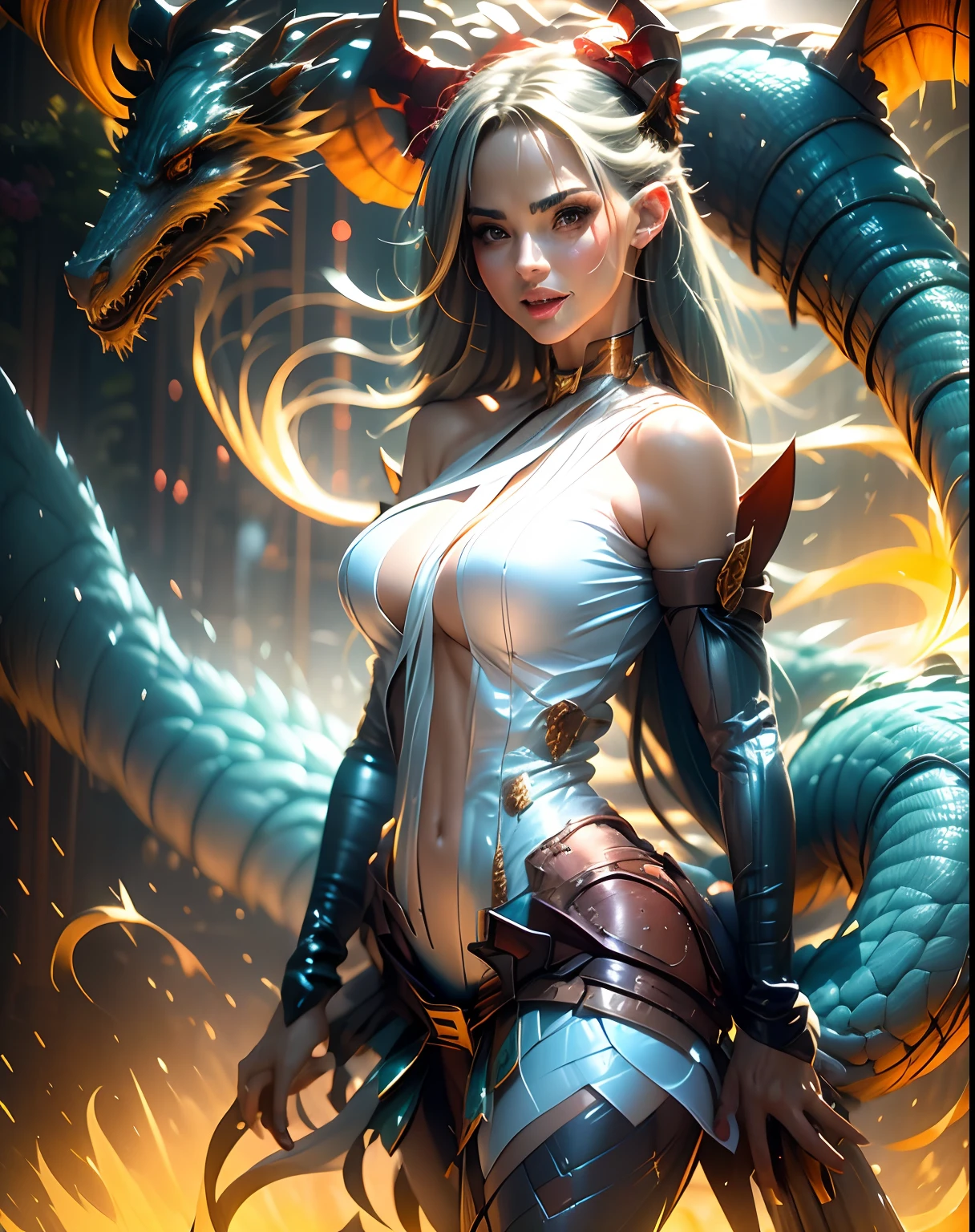 Chica maga oscura domadora de dragones legendario , en el reino de los cielos, ardiente entre nubes y rayos de sol a su alrededor. Pose sejustiva sexy y inocente seductora.