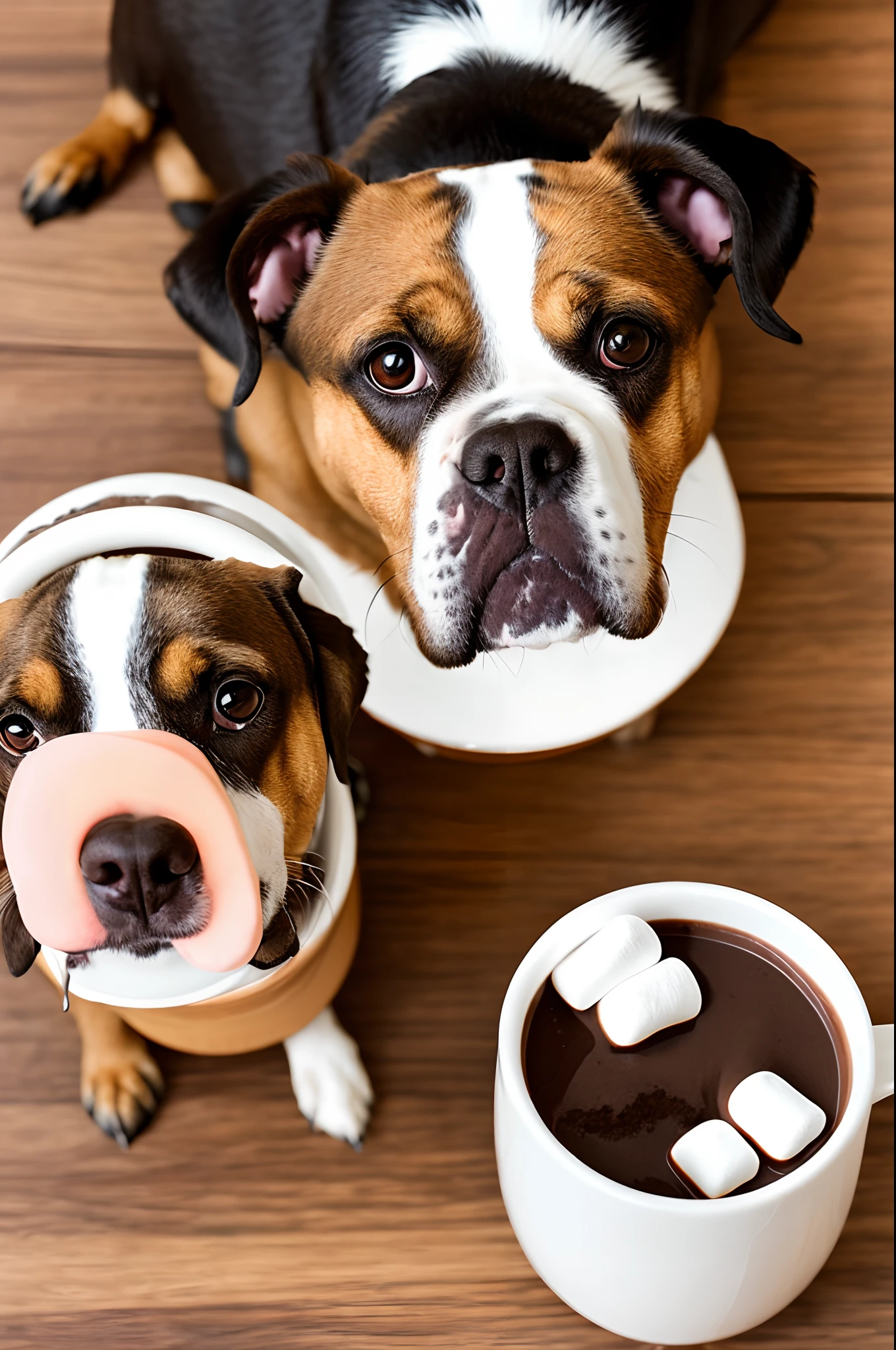 Dog drinking cocoa with marshmallows