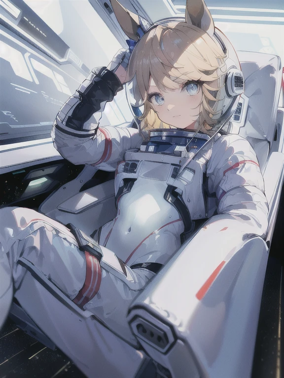 masterpiece、top-quality、The ultra -The high-definition、Top resolution、ighly detailed、profetional lighting、illustratio、(Futuristic spaceship interior interior)、(Inside the space station)、Space passenger aircraft seats、bustshot,1人の女性,(space helmet):1.8,(space suits:1.4),(Glossy Latex Silver Bodysuit):1.3,(Gold City \(Umamusume\)),(deadpan:1.5),(real face):1.5,(Blonde Shorthair):1.2,(Yellow hair), Shining hair ornament, head phone,space suits,Colossal tits、(A slight smil:1.0)、pretty skin、