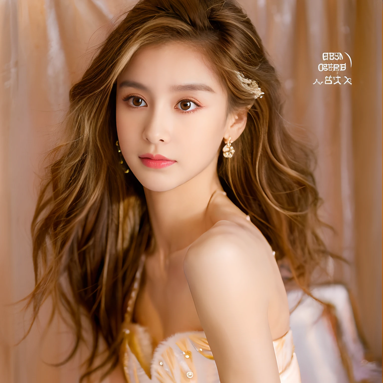 1girl, Kpop idol, American mixed with Latina race, really Curly light brown hair with blonde highlights, shoulder length hair, hazel brown eyes, sexy look, Cover photo, Soft light, half body shot, Beige fluffy Balletcore corset dress, pastel yellow aesthetic