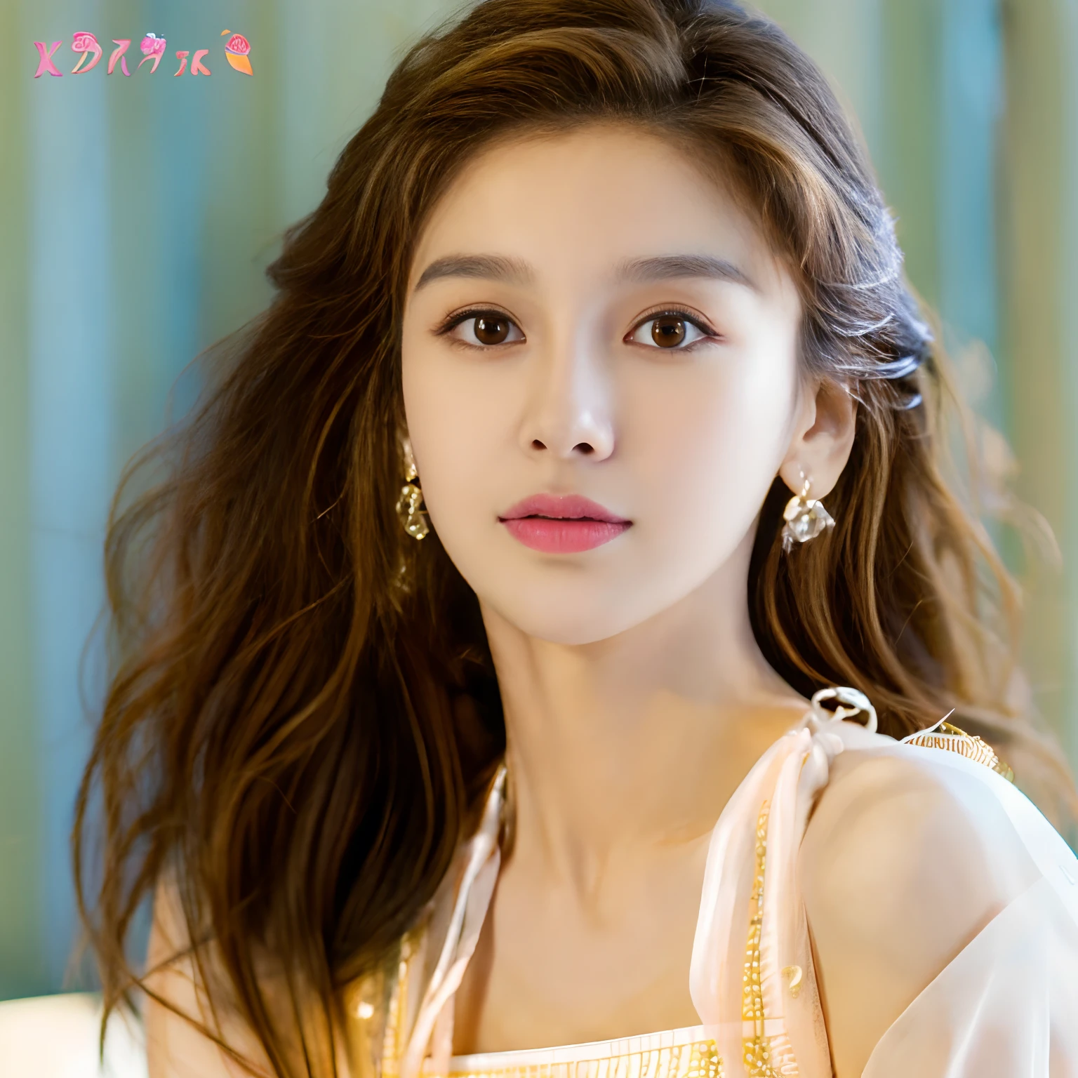 1girl, Kpop idol, American mixed with Latina race, really Curly light brown hair with blonde highlights, shoulder length hair, hazel brown eyes, sexy look, Cover photo, Soft light, half body shot, Beige fluffy Balletcore corset dress, pastel yellow aesthetic