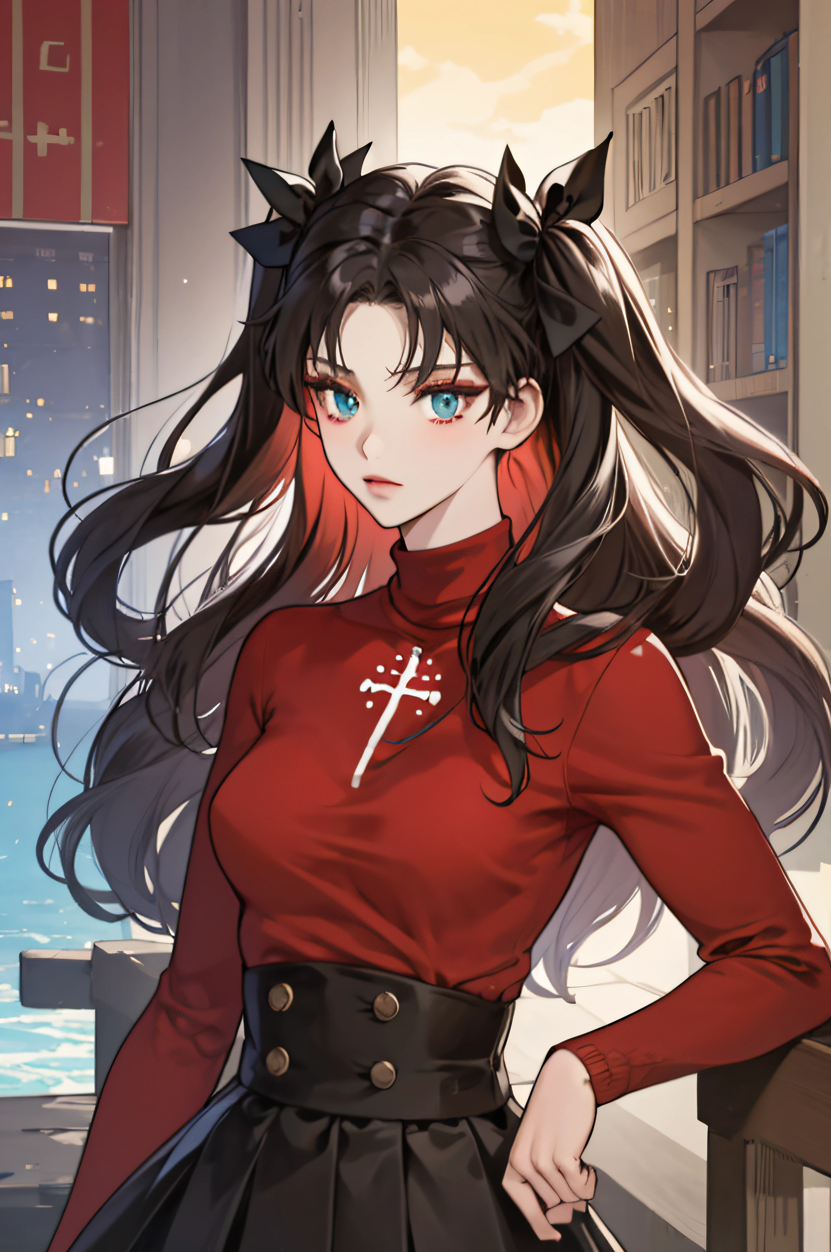 (masterpiece), best quality, expressive eyes, perfect face, 1girl, solo, rintohsaka, rin tohsaka, aqua eyes, black hair, hair ribbon, long hair, ribbon, sidelocks, two side up, black skirt, black thighhighs, long sleeves, miniskirt, pleated skirt, ((red sweater)), skirt, sweater, thighhighs, turtleneck, city background, sitting, character sheet, upper body, portrait, looking at viewer