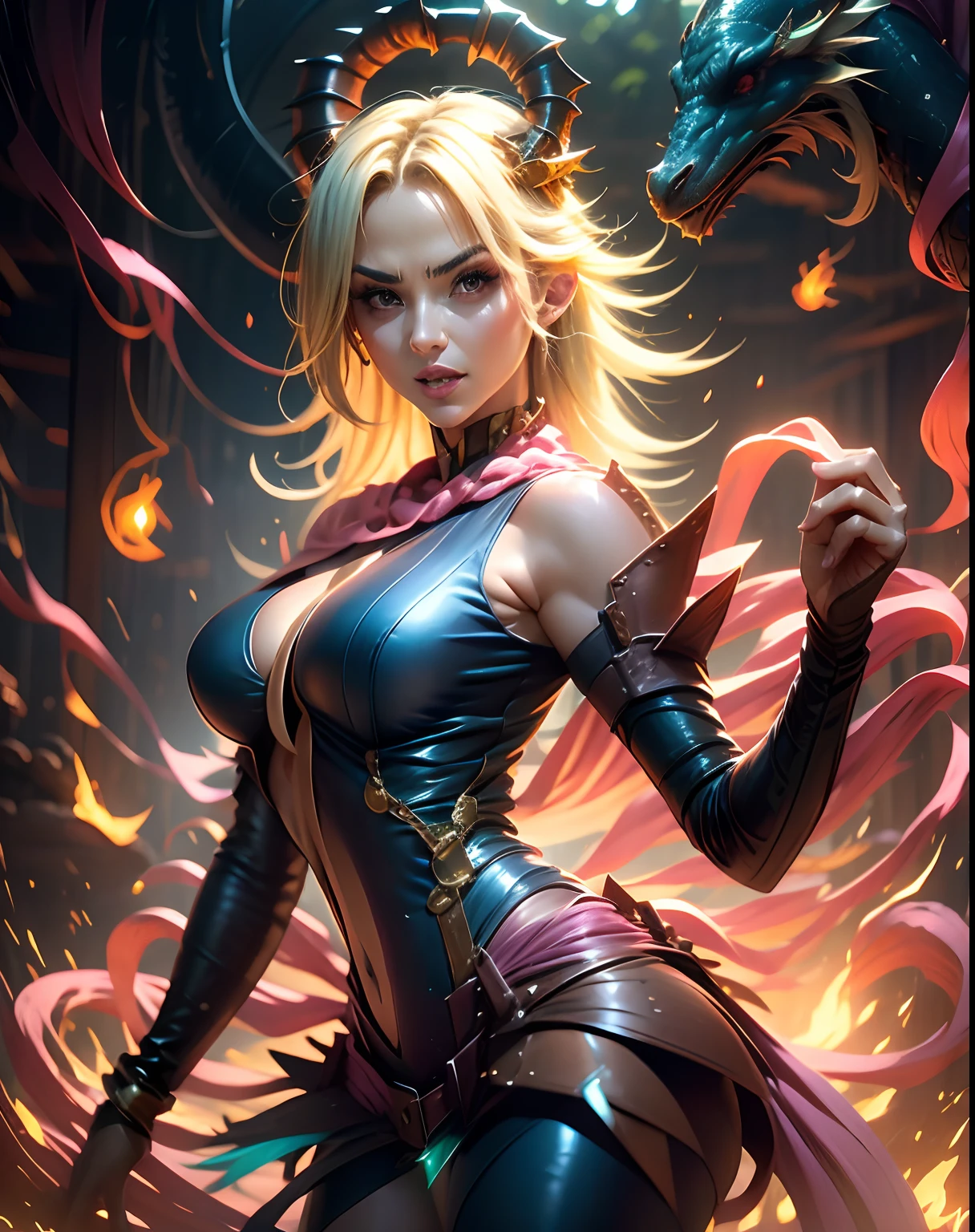 Chica maga oscura domadora de dragones legendario , en el reino de los cielos, ardiente entre nubes y rayos de sol a su alrededor. Pose sejustiva sexy y inocente seductora.