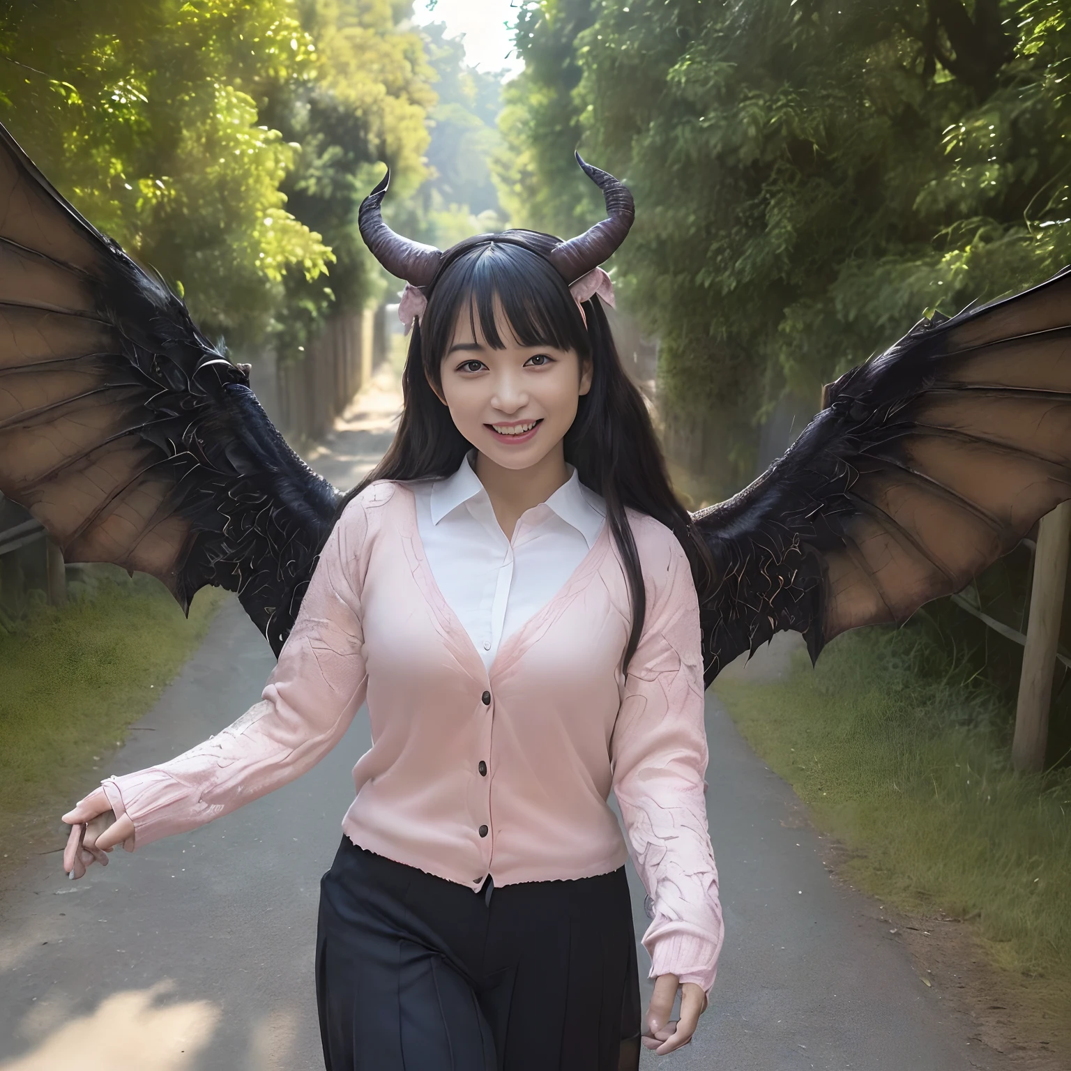 (((masutepiece、top-quality)))((1 person、Light pink cardigan、Simple white blouse、Simple black pants))、((Huge and intricate demon wings,Wings with a very elaborate texture,Wings with a very complex texture,Creature wings with a very realistic texture,Wings with the most exquisite texture、Perfectly reproduces the texture of creepy feathers、Very flaky and detailed wing texture、Wings of a terrifying monster,Terrible and ugly wings、The most terrifying wings、Wings with unimaginably complex textures、The most terrifying and creepy wings、Huge, Lumpy devil's horns、Corners of the most complex textures、Photorealistic Devil's Wings、Photorealistic Devil's Horns、The most terrifying devil's wings、Unimaginably terrifying wings、Big Devil's Horn,Realistic and big horns,Very complex and terrifying demon horns、Creepy horns,Horn with a very elaborate texture、Terrible and ugly horns、((The background is the route to school、Walking along the school route surrounded by nature、Walking on the way to school))、8K,An ultra-high picture quality,The most beautiful faces,The biggest smile staring at the camera、美丽的面容、Beautiful teeth、natural make up、Natural bright lighting、long、straight haired、A detailed face、Super Detail Wing、Perfect gas chamber、beautiful smiling face、spectacular movie lighting、A slender、bulky, Complex wings