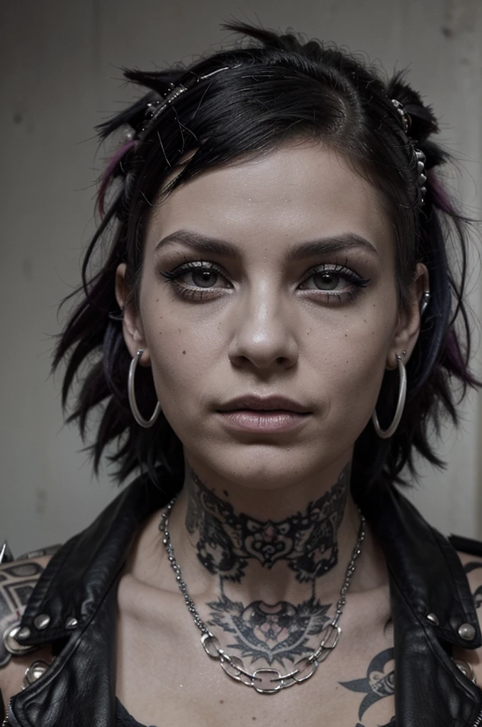 A rebelliously charming punk girl, her vibrant personality shines through her edgy appearance: a spiky, multi-colored hairdo, adorned with numerous piercings and bold tattoos covering her arms. The image is a striking black and white portrait, capturing her fierce gaze and confident stance. The impeccable clarity and flawless composition enhance the overall impact, allowing viewers to fully appreciate the intricacies of her punk style. This visually stunning photograph exudes energy and showcases the subject's undeniable allure.