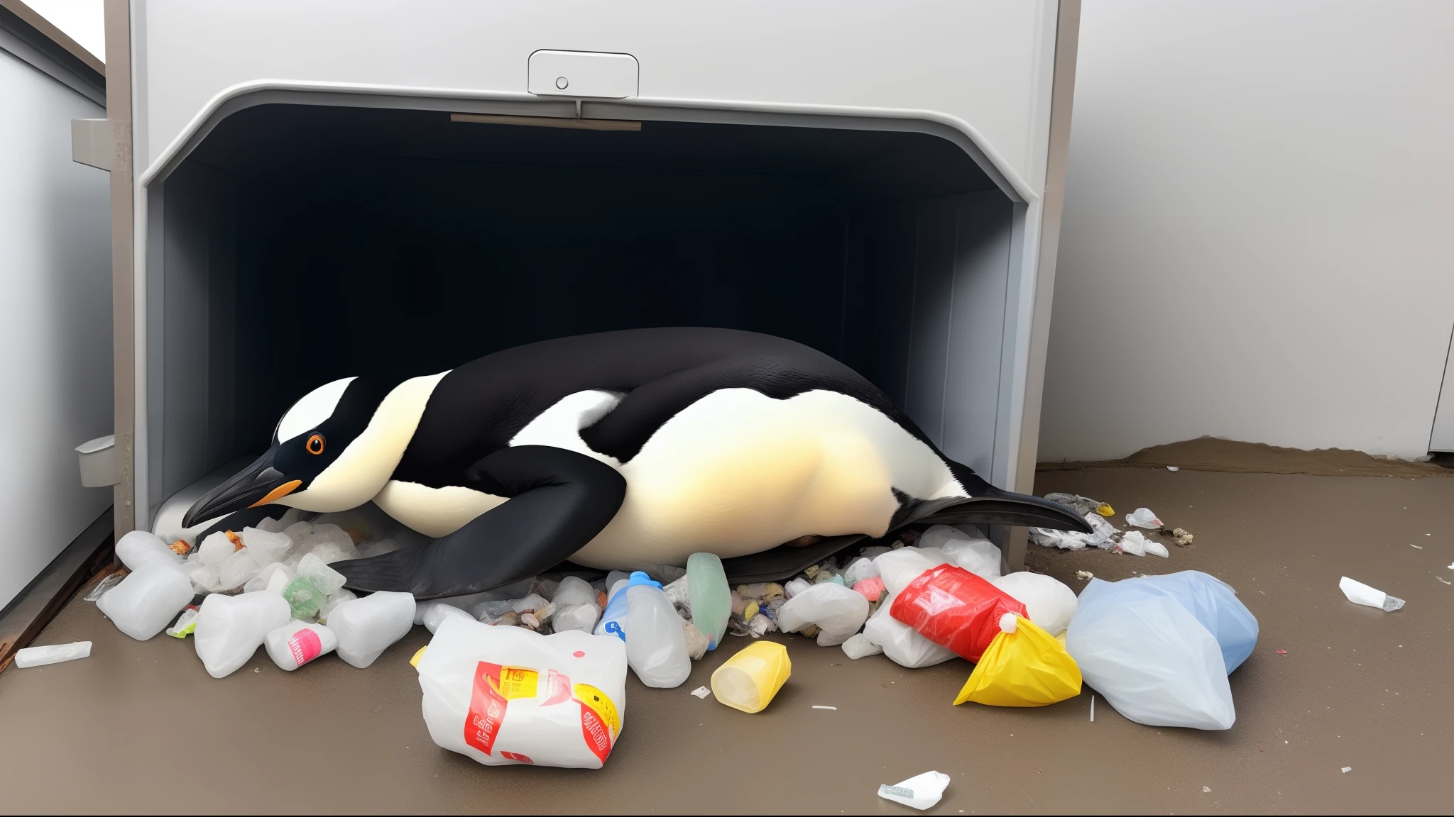 Image of a penguin taking refuge in garbage shelters due to collapsing ice