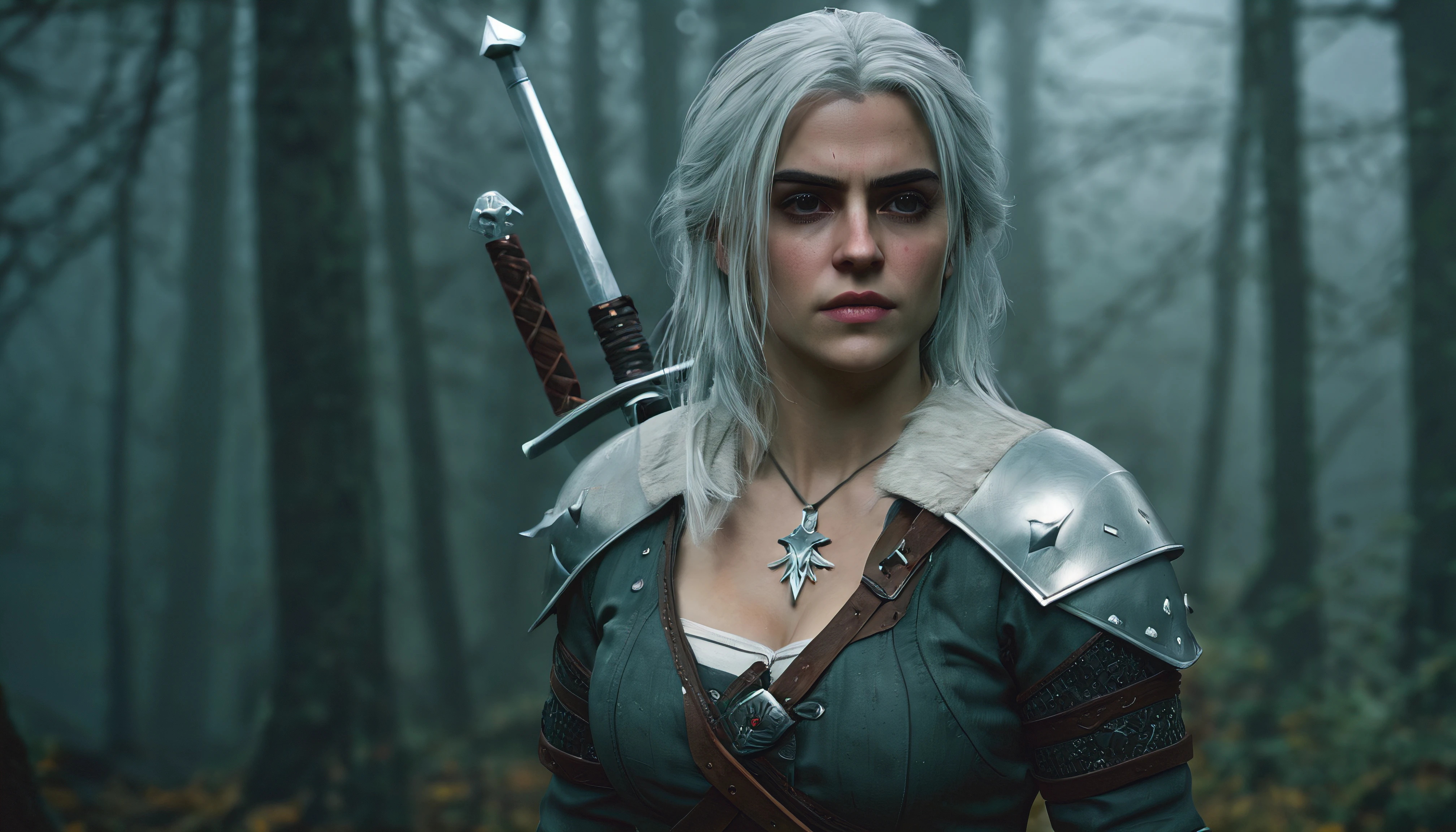 (best quality,4k,highres,masterpiece:1.2),ultra-detailed,realistic:1.37,Ciri,Witcher sword,long silver hair,intense gaze,stern expression,powerful physique,Witcher armor,detail enhanced,+full set of Witcher equipment,misty forest background,dim natural lighting,Aesthetic,ephemeral,colorful,desaturated,subtle shadows