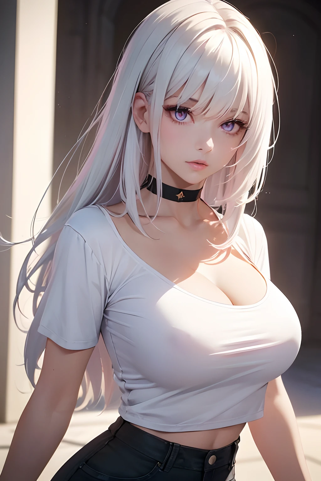 (best quality,super detailed,super realistic:1.2,perfect light,perfect shadows:1.1),girl with extremely large bust,beautiful pink eyes,haircut with bangs,gorgeous white hair,black tight-fitting T-shirt,choker necklace,stunning white jeans,appealing pose, vibrant color palette,soft lighting