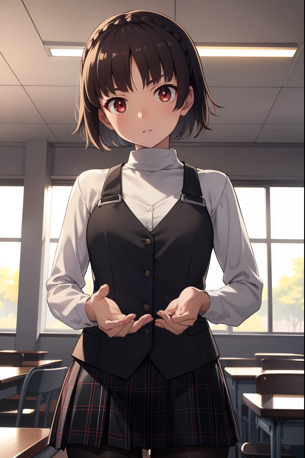 makotonijima, makoto nijima, blunt bangs, braid, brown hair, crown braid, (red eyes:1.3), short hair,
BREAK black pantyhose, black skirt, black vest, bow, checkered clothes, checkered skirt, long sleeves, miniskirt, pantyhose, plaid, plaid skirt, pleated, pleated skirt, red bow, school uniform, shirt, shuujin academy school uniform, skirt, sweater, sweater vest, turtleneck, turtleneck sweater, vest, white shirt, white sweater
BREAK looking at viewer,
BREAK indoors, classroom,
BREAK (masterpiece:1.2), best quality, high resolution, unity 8k wallpaper, (illustration:0.8), (beautiful detailed eyes:1.6), extremely detailed face, perfect lighting, extremely detailed CG, (perfect hands, perfect anatomy),