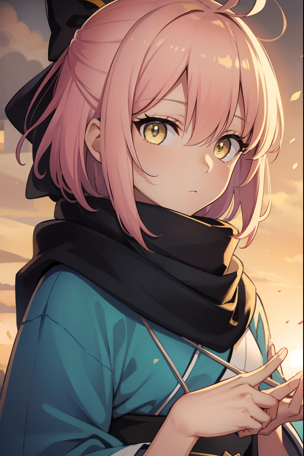 okitasouji, okita souji, ahoge, black bow, pink hair, hair between eyes, hair bow, short hair, (yellow eyes:1.5),
BREAK black scarf, japanese clothes, kimono, sash, scarf,,
BREAK outdoors, city,
BREAK looking at viewer,
BREAK (masterpiece:1.2), best quality, high resolution, unity 8k wallpaper, (illustration:0.8), (beautiful detailed eyes:1.6), extremely detailed face, perfect lighting, extremely detailed CG, (perfect hands, perfect anatomy),
