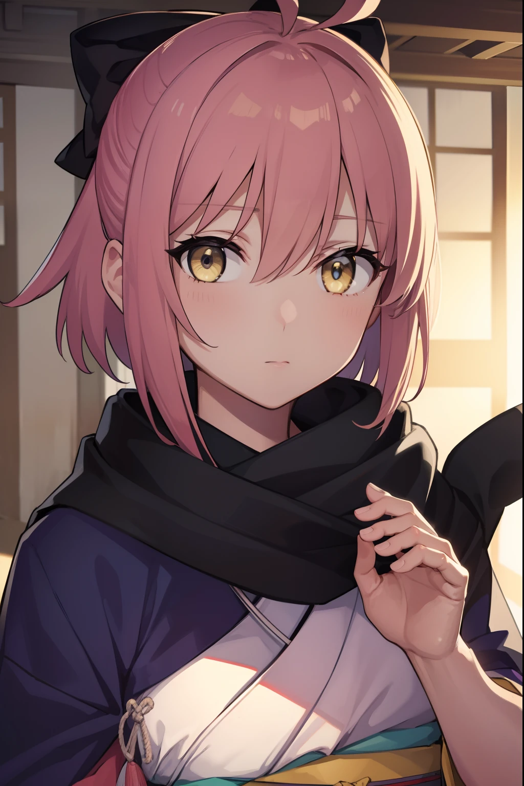 okitasouji, okita souji, ahoge, black bow, pink hair, hair between eyes, hair bow, short hair, (yellow eyes:1.5),
BREAK black scarf, japanese clothes, kimono, sash, scarf,,
BREAK outdoors, city,
BREAK looking at viewer,
BREAK (masterpiece:1.2), best quality, high resolution, unity 8k wallpaper, (illustration:0.8), (beautiful detailed eyes:1.6), extremely detailed face, perfect lighting, extremely detailed CG, (perfect hands, perfect anatomy),