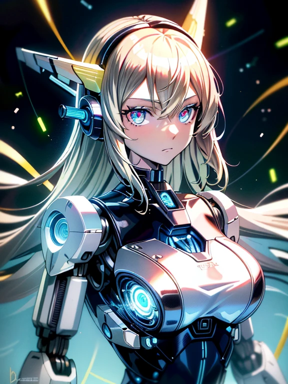 ((masutepiece)),(Best Quality),(Detailed),(1girl in),Shiny blonde false hair, Eyes glow blue, Wavy Hair, Silver Latex Bodysuit, android, Data Stream, cables, wires, Charging, Digital Chain, Large breasts, gazing at viewer , breast closeup,mecha musume,Mechanical parts
,Robot joints,Headgear