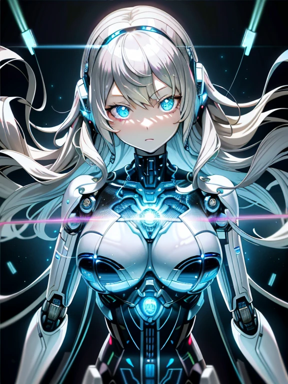 ((masutepiece)),(Best Quality),(Detailed),(1girl in),Shiny blonde false hair, Eyes glow blue, Wavy Hair, Silver Latex Bodysuit, android, Data Stream, cables, wires, Charging, Digital Chain, Large breasts, gazing at viewer , breast closeup,mecha musume,Mechanical parts
,Robot joints,Headgear