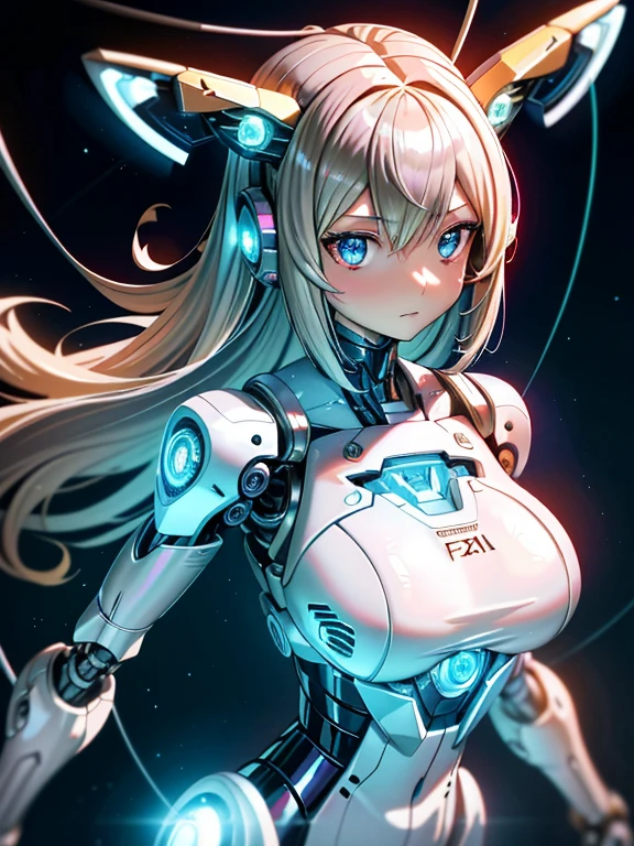 ((masutepiece)),(Best Quality),(Detailed),(1girl in),Shiny blonde false hair, Eyes glow blue, Wavy Hair, Silver Latex Bodysuit, android, Data Stream, cables, wires, Charging, Digital Chain, Large breasts, gazing at viewer , breast closeup,mecha musume,Mechanical parts
,Robot joints,Headgear