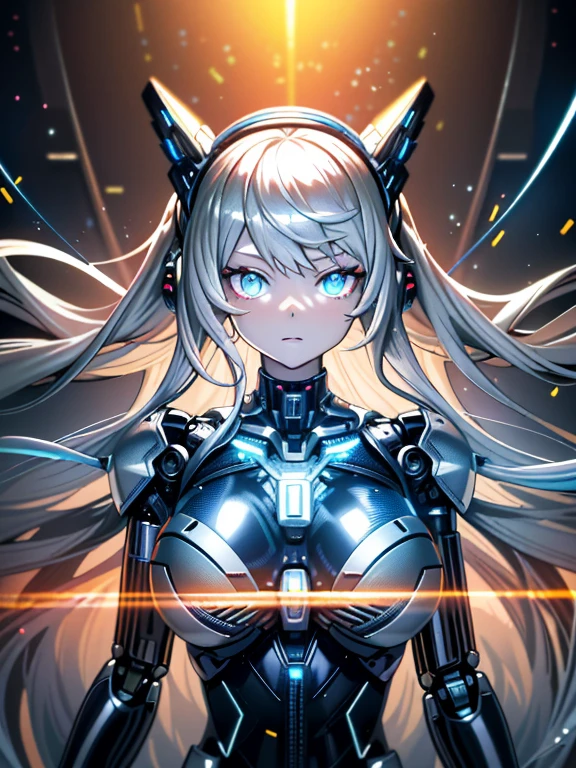 ((tabletop)),(best qualityer),(detailded),(1 girl in),Bright Blonde Fake Hair, Eyes shine blue, Wavy hair, silver latex bodysuit, ANDROID, data flow, cables, wires, carrying, Digital Chain, breasts big, gazing at viewer , chest close-up,mecha museum,mechanical parts ,robot joints,harness