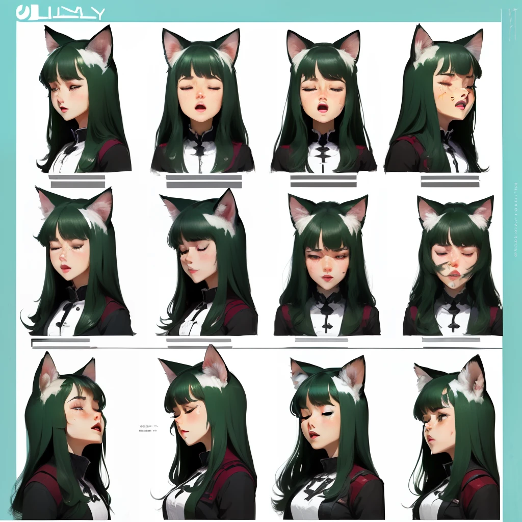 ((Oblablyma)), ((Max Quality)), (Character Design Sheet, Same Character, Front, Profile, Soles), Portrait from the neck up, Facial expression change scene, (Facial expression pattern, Eyes closed, Bored expression, Anxious face, Serious expression, Smile, Crying face, Lamenting, Opening mouth) Illustration, 1 girl, hair color, Bangs, Hairstyle fax, Eyes, Hairstyle Fax, Pose Jitai, Ladies, Kemono, Cat Ears, Black and green Hair, long Hair, (Simple Background, White Background: 1.3)