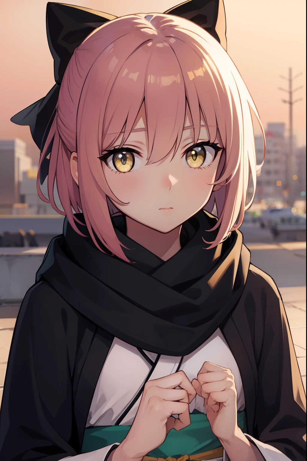 okitasouji, okita souji, ahoge, black bow, pink hair, hair between eyes, hair bow, short hair, (yellow eyes:1.5),
BREAK black scarf, japanese clothes, kimono, sash, scarf,,
BREAK outdoors, city,
BREAK looking at viewer,
BREAK (masterpiece:1.2), best quality, high resolution, unity 8k wallpaper, (illustration:0.8), (beautiful detailed eyes:1.6), extremely detailed face, perfect lighting, extremely detailed CG, (perfect hands, perfect anatomy),