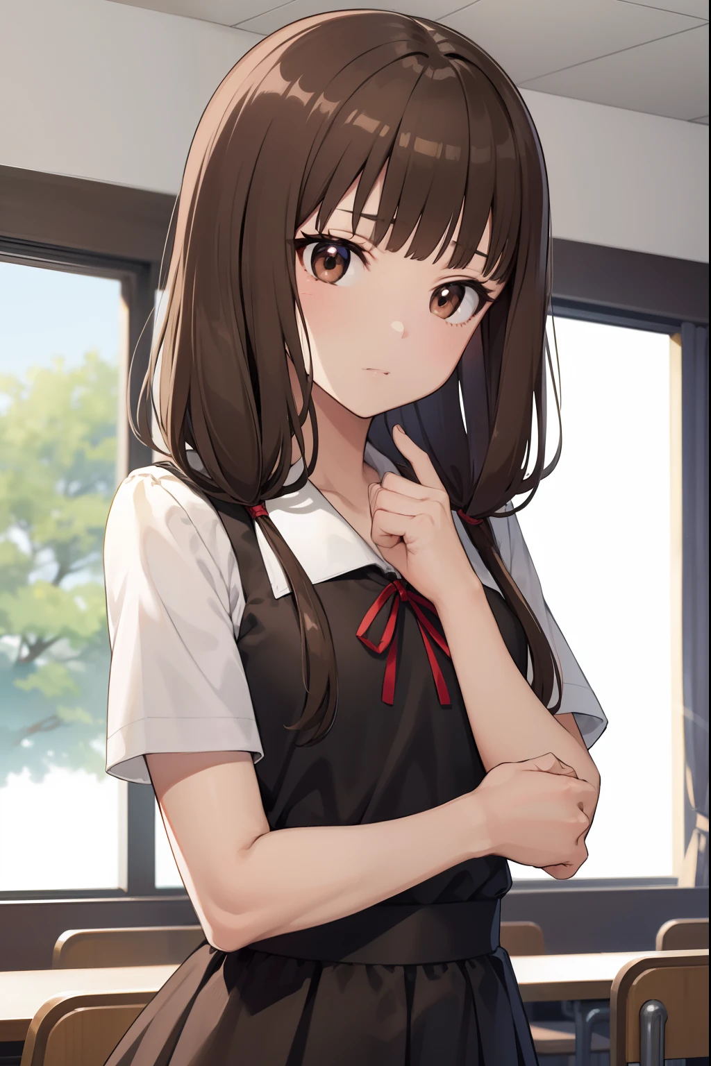 mikoiino, miko iino, blunt bangs, (brown eyes:1.5), brown hair, hair tie, long hair, low twintails, red ribbon, ribbon, twintails, (small breast:1.2),
BREAK black dress, dress, pinafore dress, school uniform, shirt, short sleeves, shuuchiin academy school uniform, white shirt, armband,
BREAK looking at viewer,
BREAK indoors, classroom,
BREAK (masterpiece:1.2), best quality, high resolution, unity 8k wallpaper, (illustration:0.8), (beautiful detailed eyes:1.6), extremely detailed face, perfect lighting, extremely detailed CG, (perfect hands, perfect anatomy),