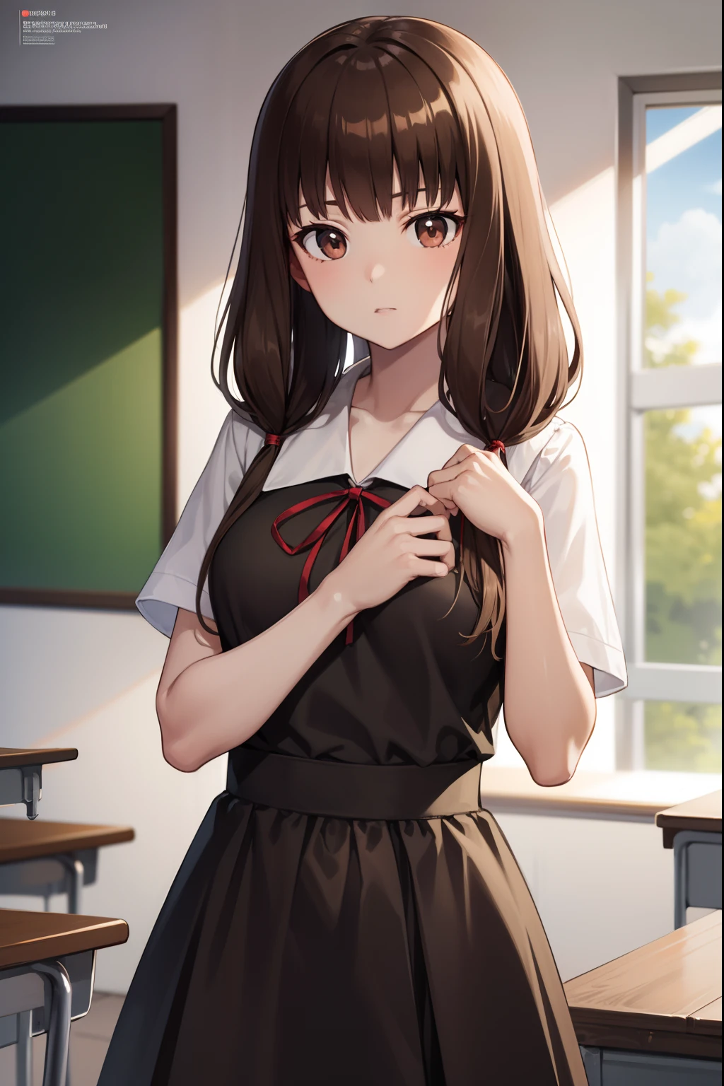 mikoiino, miko iino, blunt bangs, (brown eyes:1.5), brown hair, hair tie, long hair, low twintails, red ribbon, ribbon, twintails, (small breast:1.2),
BREAK black dress, dress, pinafore dress, school uniform, shirt, short sleeves, shuuchiin academy school uniform, white shirt, armband,
BREAK looking at viewer,
BREAK indoors, classroom,
BREAK (masterpiece:1.2), best quality, high resolution, unity 8k wallpaper, (illustration:0.8), (beautiful detailed eyes:1.6), extremely detailed face, perfect lighting, extremely detailed CG, (perfect hands, perfect anatomy),