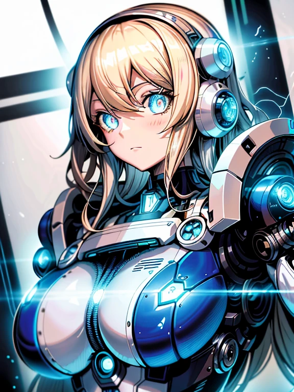 ((masutepiece)),(Best Quality),(Detailed),(1girl in),Shiny blonde false hair, Eyes glow blue, Wavy Hair, Silver Latex Bodysuit, android, Data Stream, cables, wires, Charging, Digital Chain, Large breasts, gazing at viewer , breast closeup,mecha musume,Mechanical parts
,Robot joints,Headgear