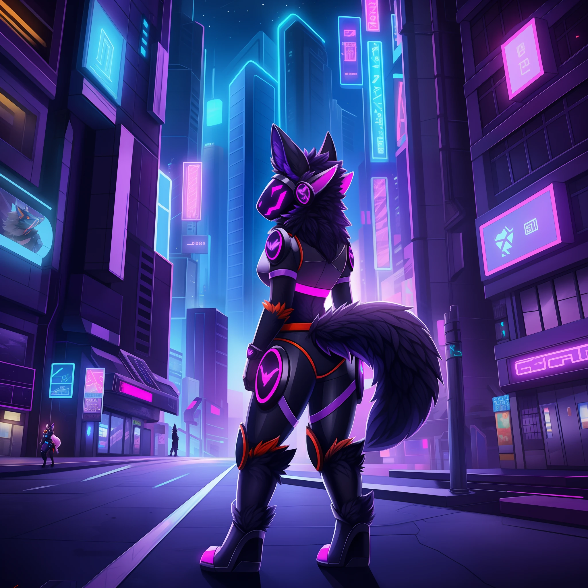 Protogen, furry art, masterpiece, great anatomy, black fur, neon purple details, detailed background, sci-fi, city, night, fluffy tail