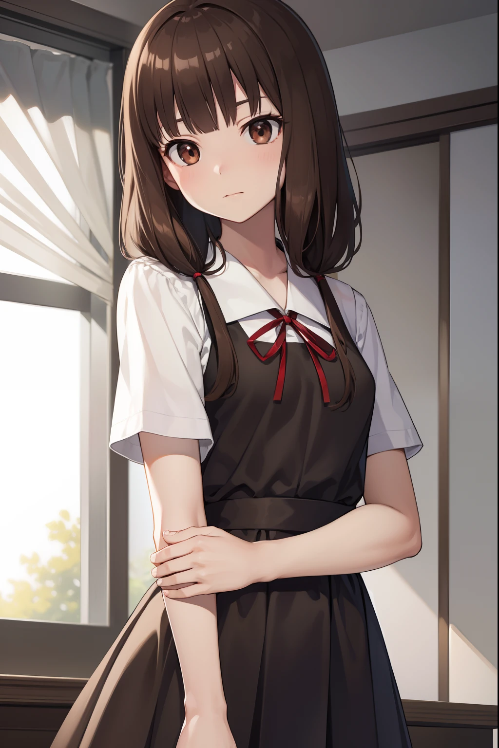 mikoiino, miko iino, blunt bangs, (brown eyes:1.5), brown hair, hair tie, long hair, low twintails, red ribbon, ribbon, twintails, (small breast:1.2),
BREAK black dress, dress, pinafore dress, school uniform, shirt, short sleeves, shuuchiin academy school uniform, white shirt, armband,
BREAK looking at viewer,
BREAK indoors, classroom,
BREAK (masterpiece:1.2), best quality, high resolution, unity 8k wallpaper, (illustration:0.8), (beautiful detailed eyes:1.6), extremely detailed face, perfect lighting, extremely detailed CG, (perfect hands, perfect anatomy),