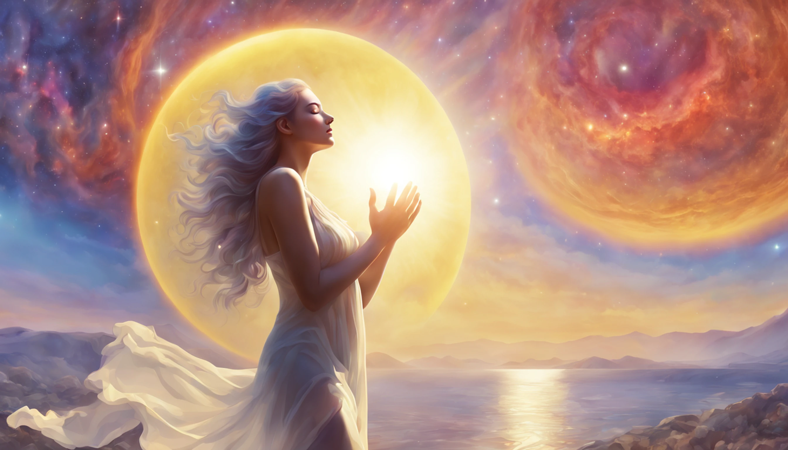 A large translucent woman from the galaxy holding the sun in her arms, colorido, perfect definition, Superb Capture