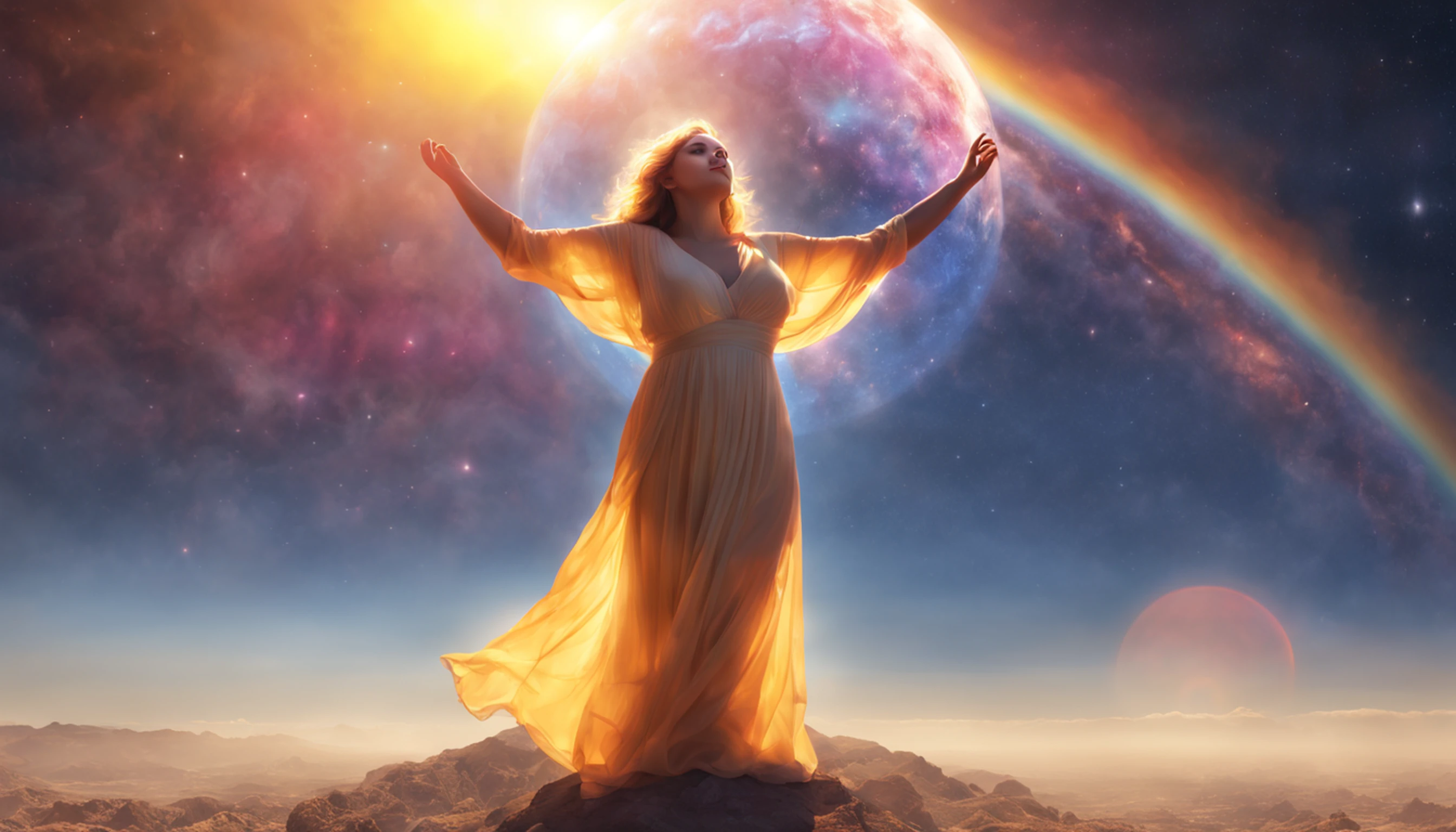 A large translucent woman from the galaxy holding the sun in her arms, colorido, perfect definition, Superb Capture