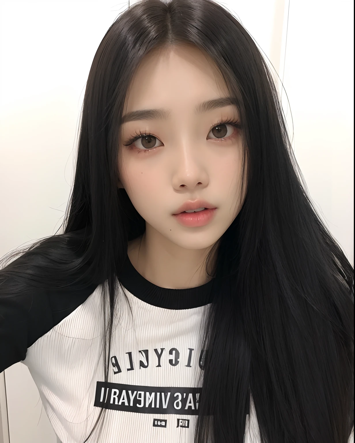 um close up de uma mulher com longos cabelos pretos vestindo uma camisa branca, Ulzzang, menina coreana, korean symmetrical face, Jaeyeon Nam, korean face features, Heonhwa Choe, Mulher sul-coreana bonita, wan adorable korean face, beautiful aesthetic face, young adorable korean face, jennie blackpink, Jinyoung Canela, whitebangscabelo negro