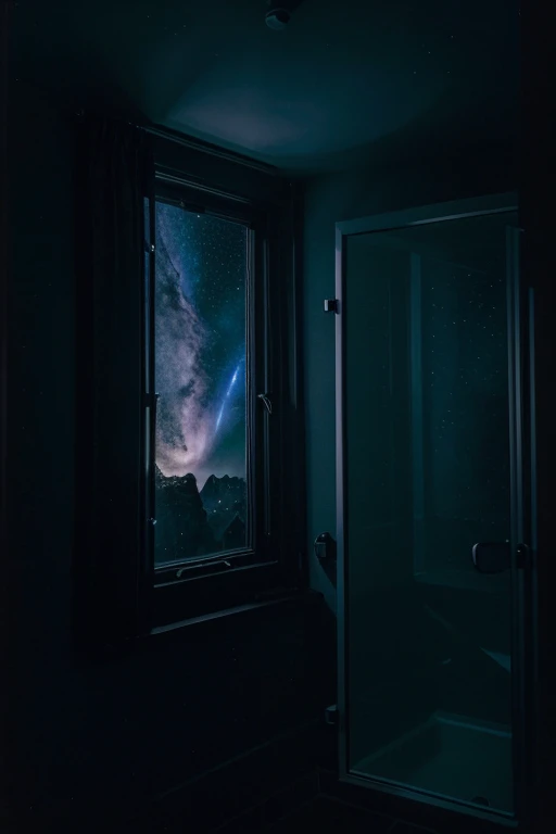 .((dark scene)), ((soft light)) large window, celestial landscape, stars and nebulae, bright moonlight, exploration of the cosmos
